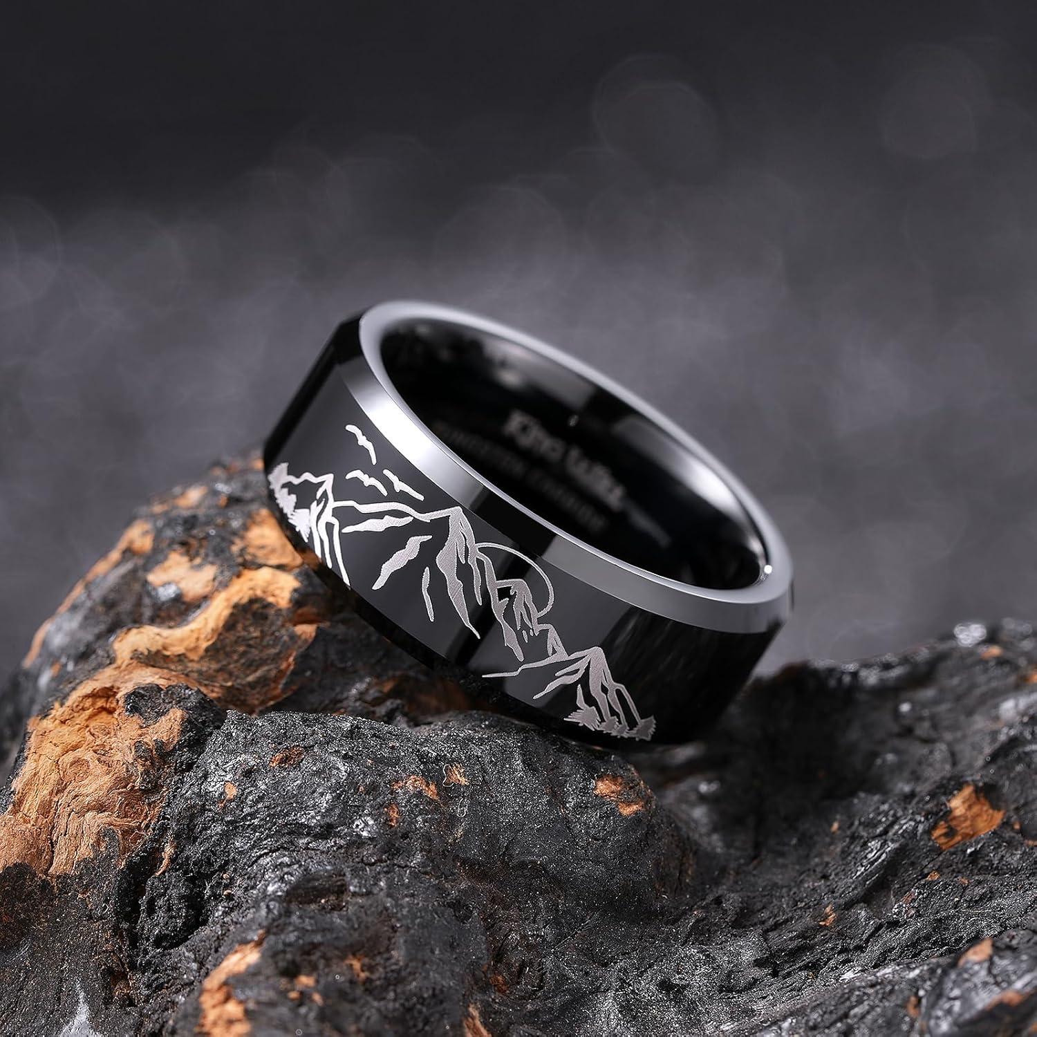 imageKing Will Mens 6mm 8mm Black Silver Tungsten Carbide Wedding Bands Inlay Lasered SeagullForest LandscapPandaDeerHuntingFly Fishing Brushed Wedding Rings for Men WomenMountain Sun