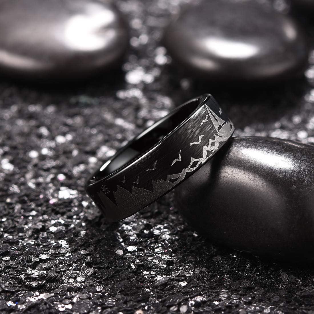 imageKing Will Mens 6mm 8mm Black Silver Tungsten Carbide Wedding Bands Inlay Lasered SeagullForest LandscapPandaDeerHuntingFly Fishing Brushed Wedding Rings for Men WomenSeagull