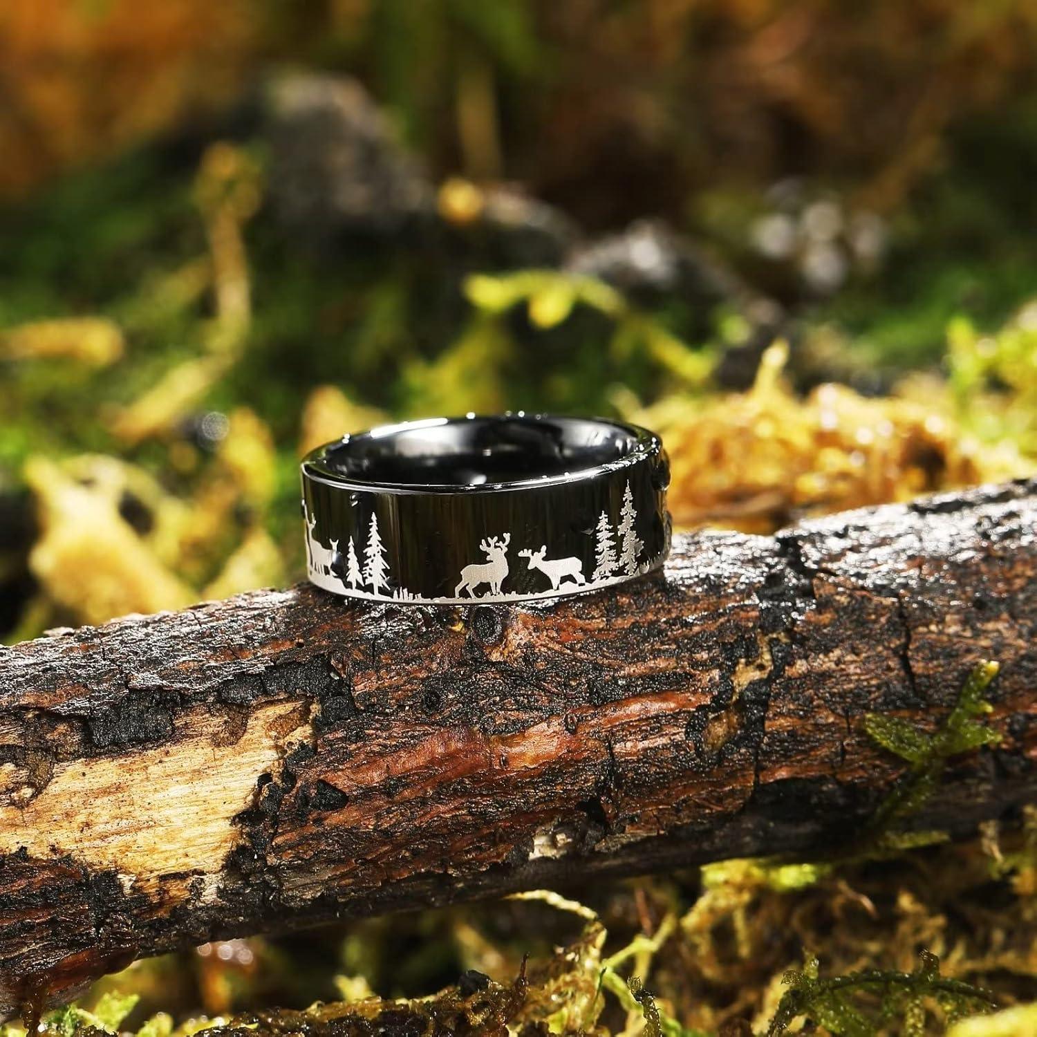 imageKing Will Mens 6mm 8mm Black Silver Tungsten Carbide Wedding Bands Inlay Lasered SeagullForest LandscapPandaDeerHuntingFly Fishing Brushed Wedding Rings for Men WomenDeer