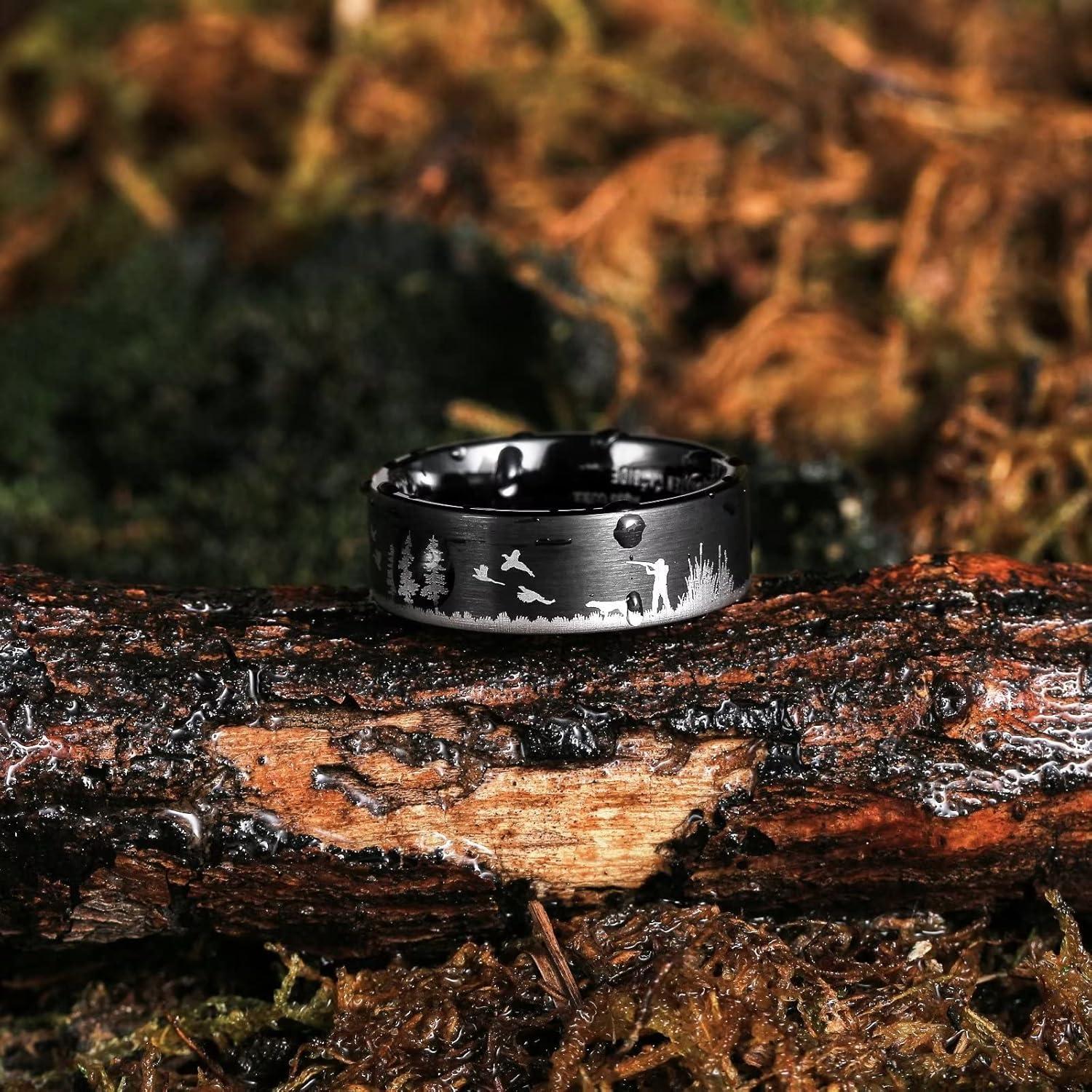 imageKing Will Mens 6mm 8mm Black Silver Tungsten Carbide Wedding Bands Inlay Lasered SeagullForest LandscapPandaDeerHuntingFly Fishing Brushed Wedding Rings for Men WomenHunting