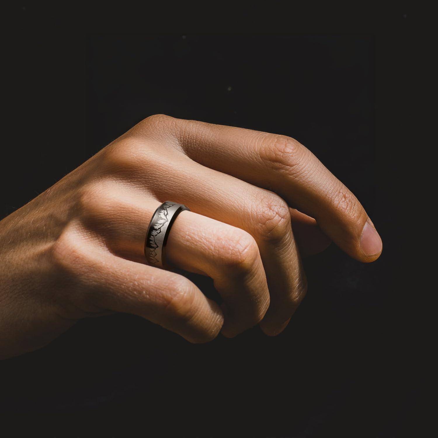 imageKing Will Mens 6mm 8mm Black Silver Tungsten Carbide Wedding Bands Inlay Lasered SeagullForest LandscapPandaDeerHuntingFly Fishing Brushed Wedding Rings for Men Womentree mountain