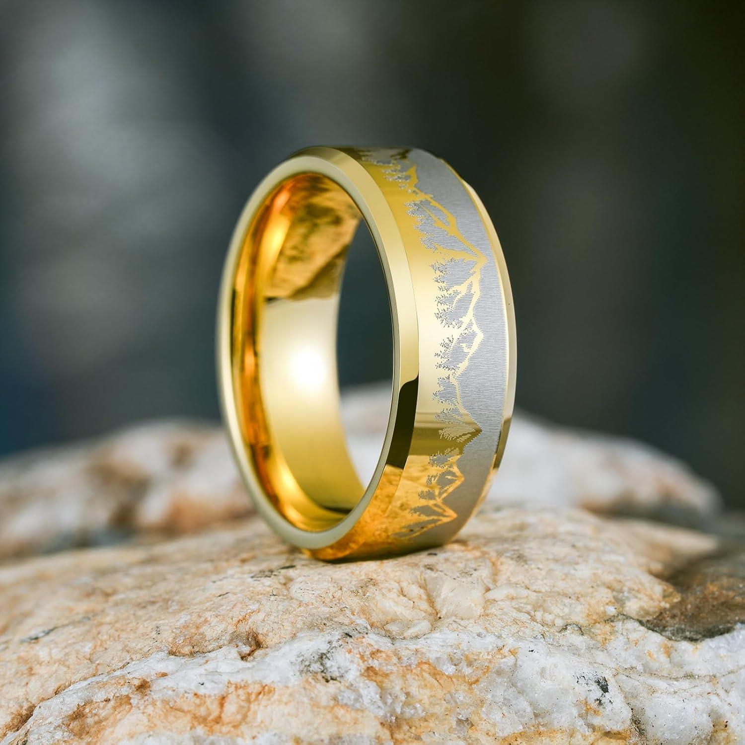 imageKing Will Mens 6mm 8mm Black Silver Tungsten Carbide Wedding Bands Inlay Lasered SeagullForest LandscapPandaDeerHuntingFly Fishing Brushed Wedding Rings for Men WomenGold