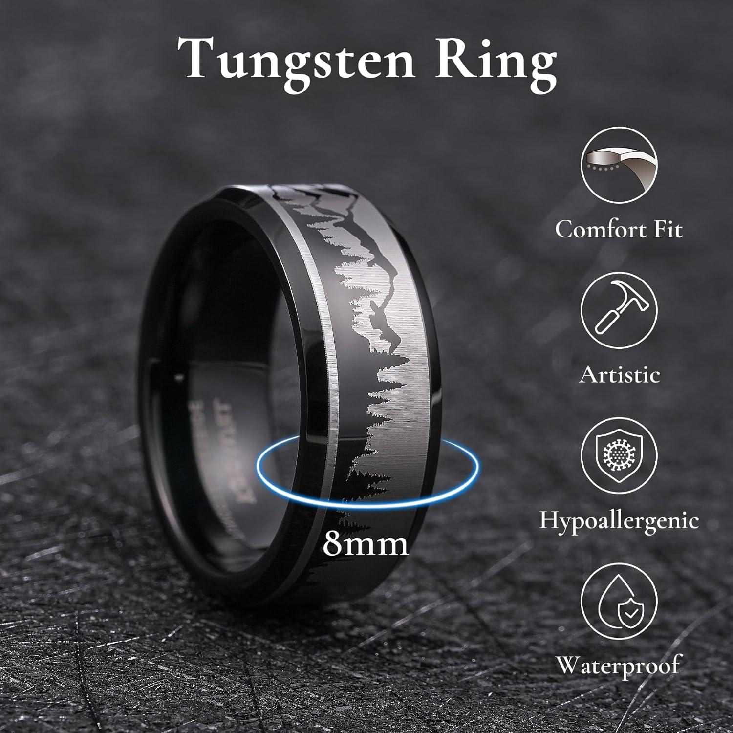 imageKing Will Mens 6mm 8mm Black Silver Tungsten Carbide Wedding Bands Inlay Lasered SeagullForest LandscapPandaDeerHuntingFly Fishing Brushed Wedding Rings for Men WomenTrucker