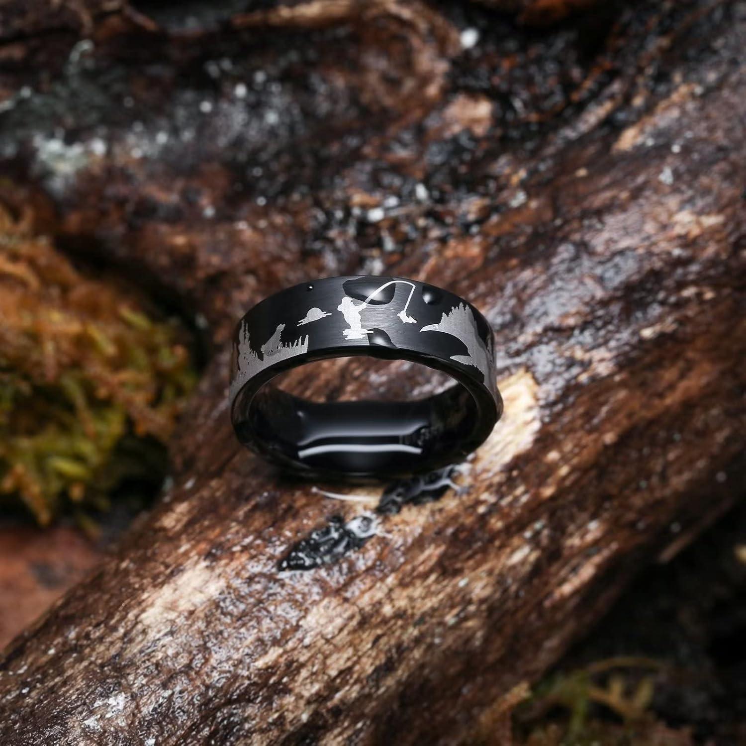 imageKing Will Mens 6mm 8mm Black Silver Tungsten Carbide Wedding Bands Inlay Lasered SeagullForest LandscapPandaDeerHuntingFly Fishing Brushed Wedding Rings for Men WomenFly Fishing