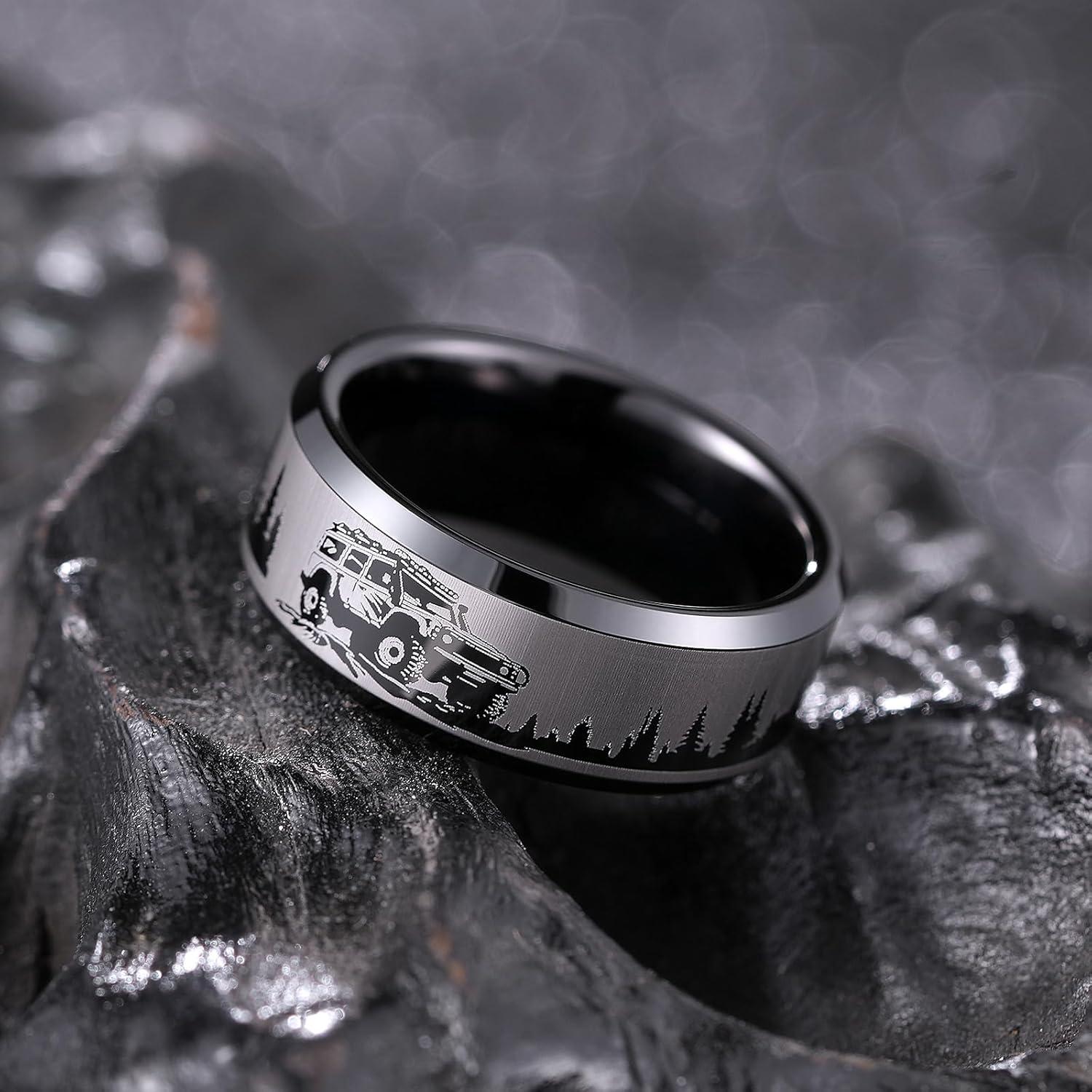 imageKing Will Mens 6mm 8mm Black Silver Tungsten Carbide Wedding Bands Inlay Lasered SeagullForest LandscapPandaDeerHuntingFly Fishing Brushed Wedding Rings for Men WomenTrucker