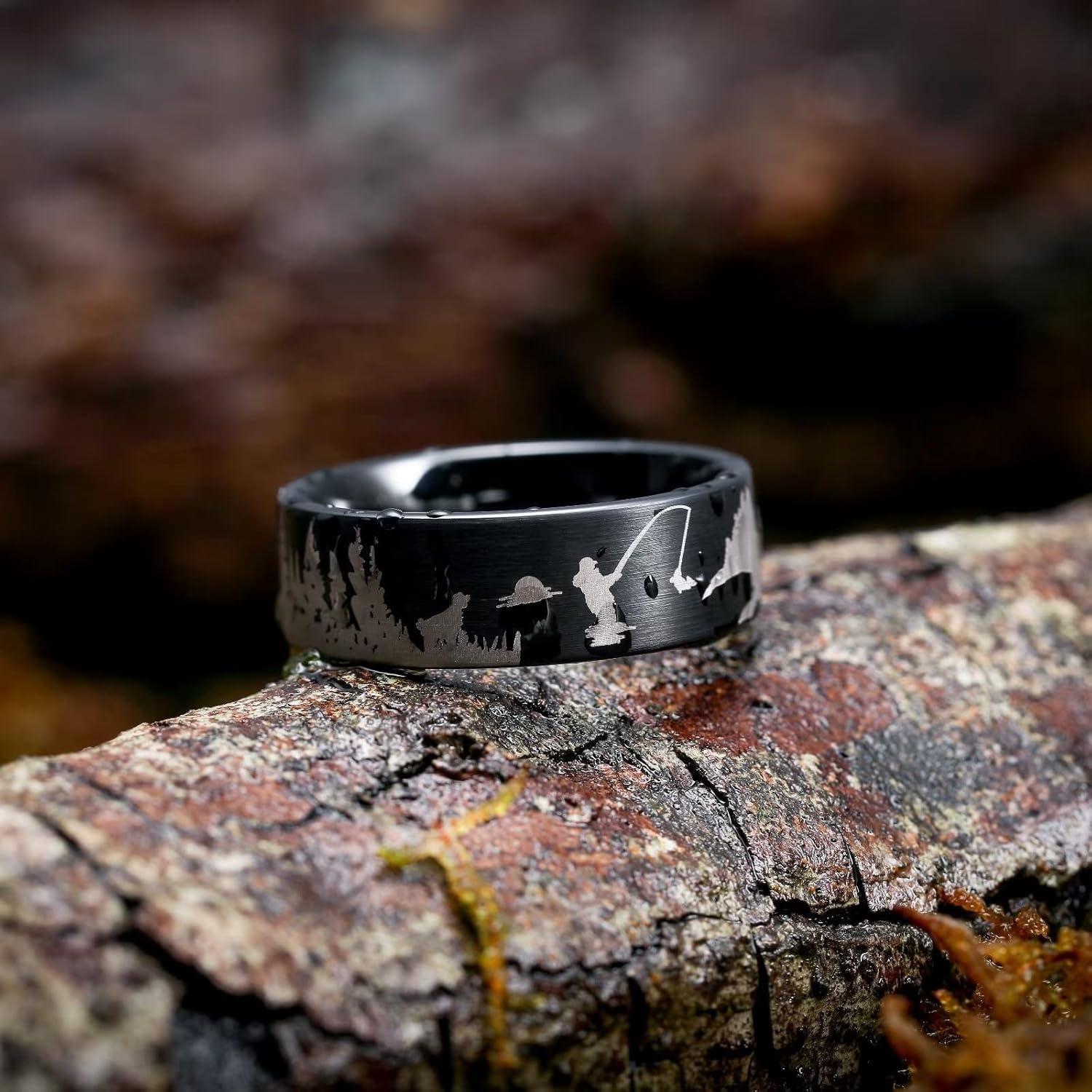 imageKing Will Mens 6mm 8mm Black Silver Tungsten Carbide Wedding Bands Inlay Lasered SeagullForest LandscapPandaDeerHuntingFly Fishing Brushed Wedding Rings for Men WomenFly Fishing
