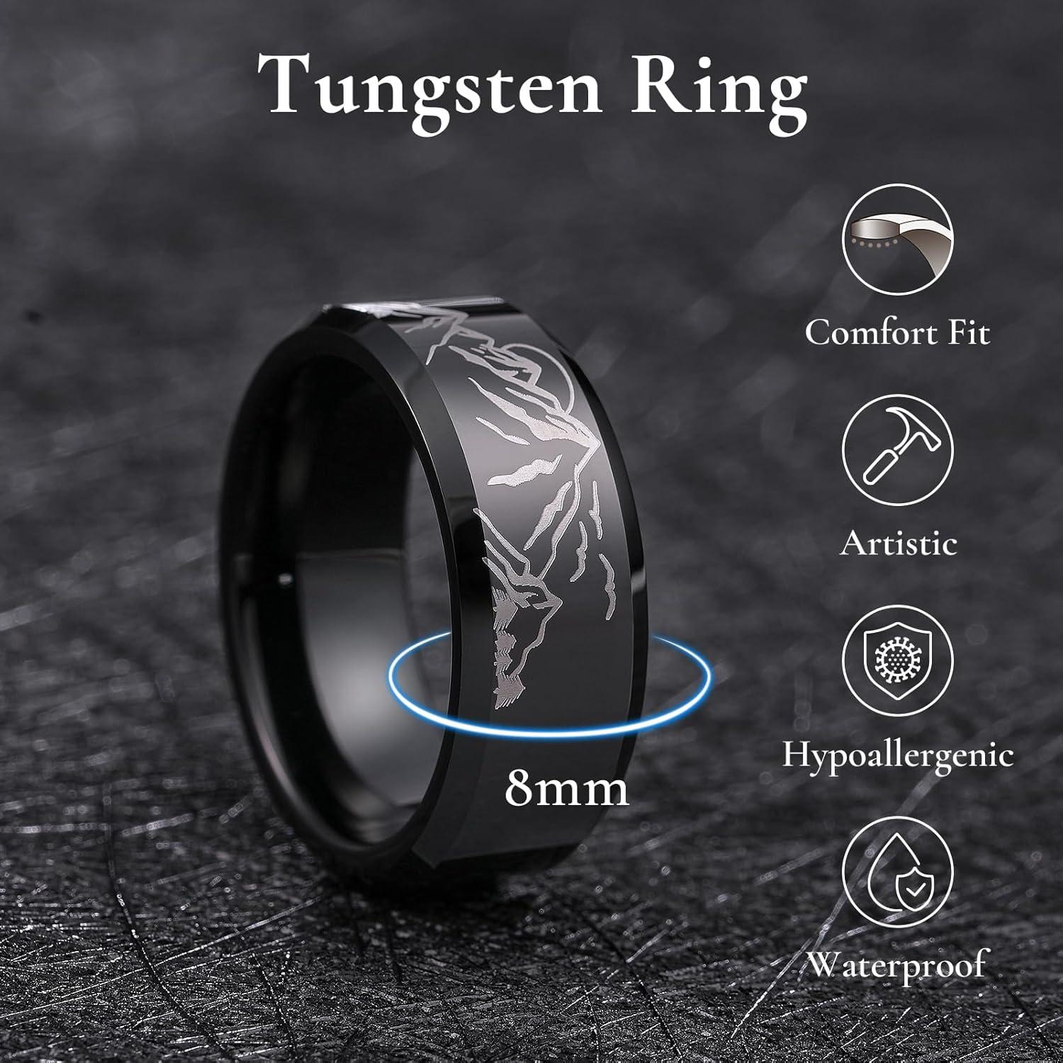 imageKing Will Mens 6mm 8mm Black Silver Tungsten Carbide Wedding Bands Inlay Lasered SeagullForest LandscapPandaDeerHuntingFly Fishing Brushed Wedding Rings for Men WomenMountain Sun
