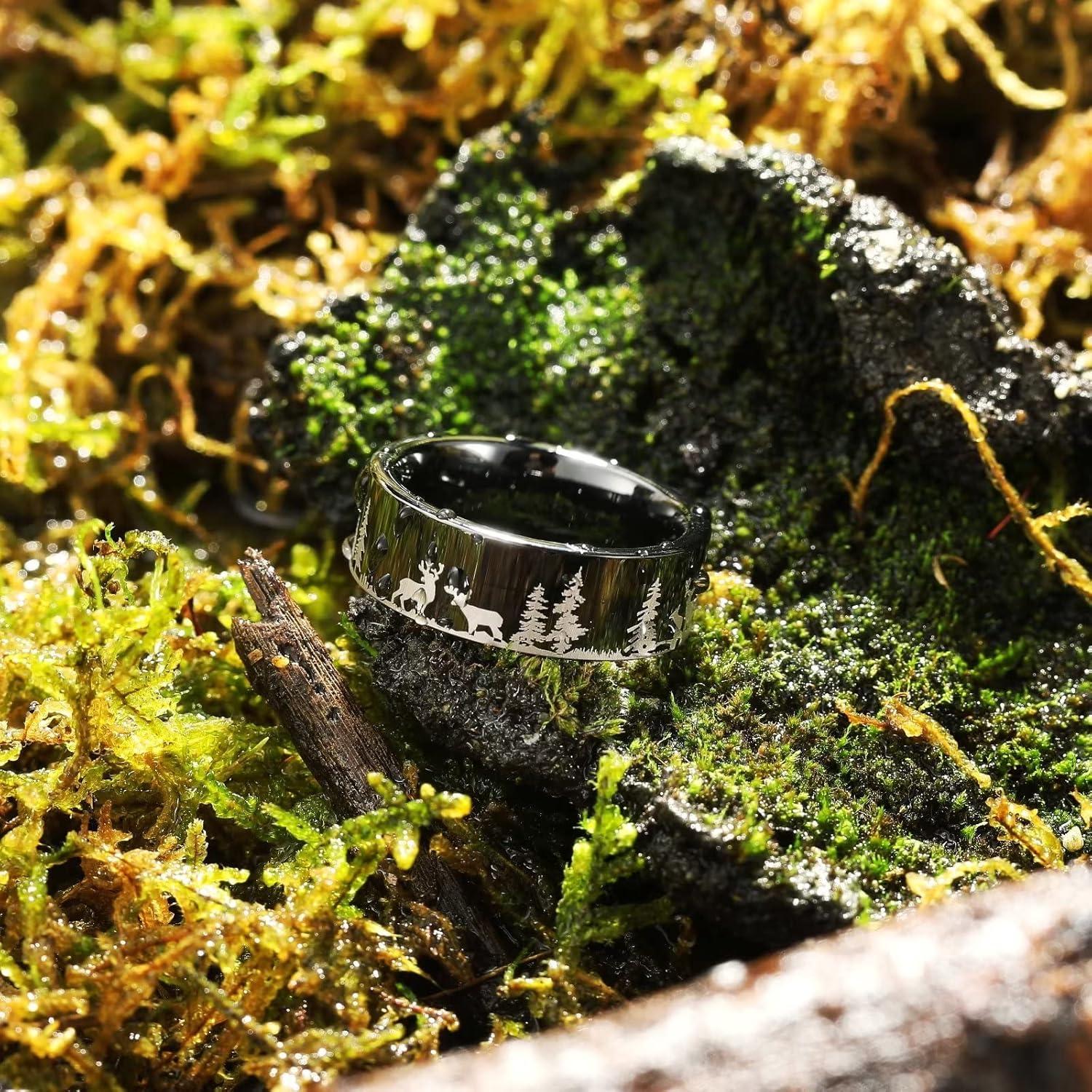 imageKing Will Mens 6mm 8mm Black Silver Tungsten Carbide Wedding Bands Inlay Lasered SeagullForest LandscapPandaDeerHuntingFly Fishing Brushed Wedding Rings for Men WomenDeer
