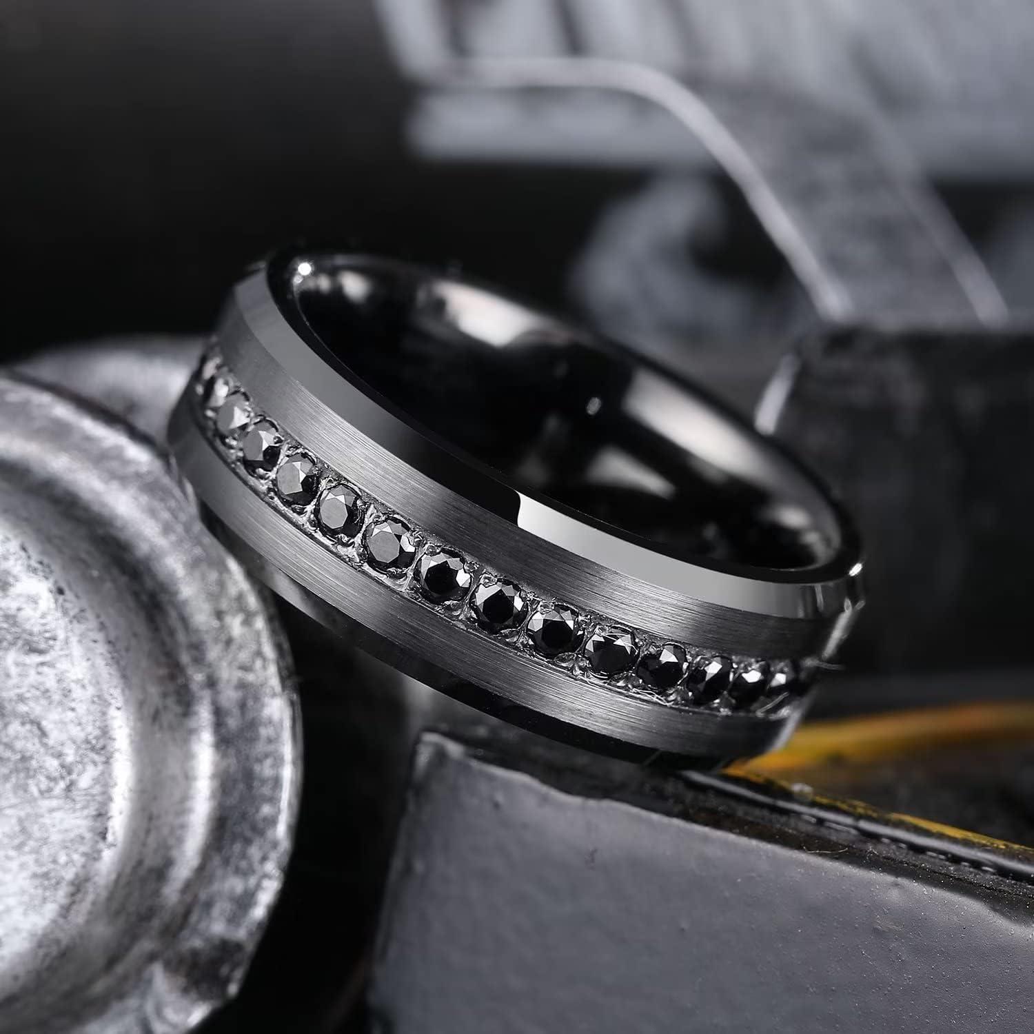 imageKing Will Mens 8mm Men Tungsten Carbied Rings Cubic Zirconia Wedding Bands Eternity Ring CZ InlayBlack