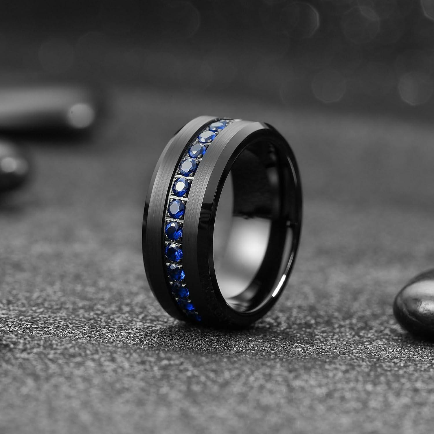 imageKing Will Mens 8mm Men Tungsten Carbied Rings Cubic Zirconia Wedding Bands Eternity Ring CZ InlayBlackBlue
