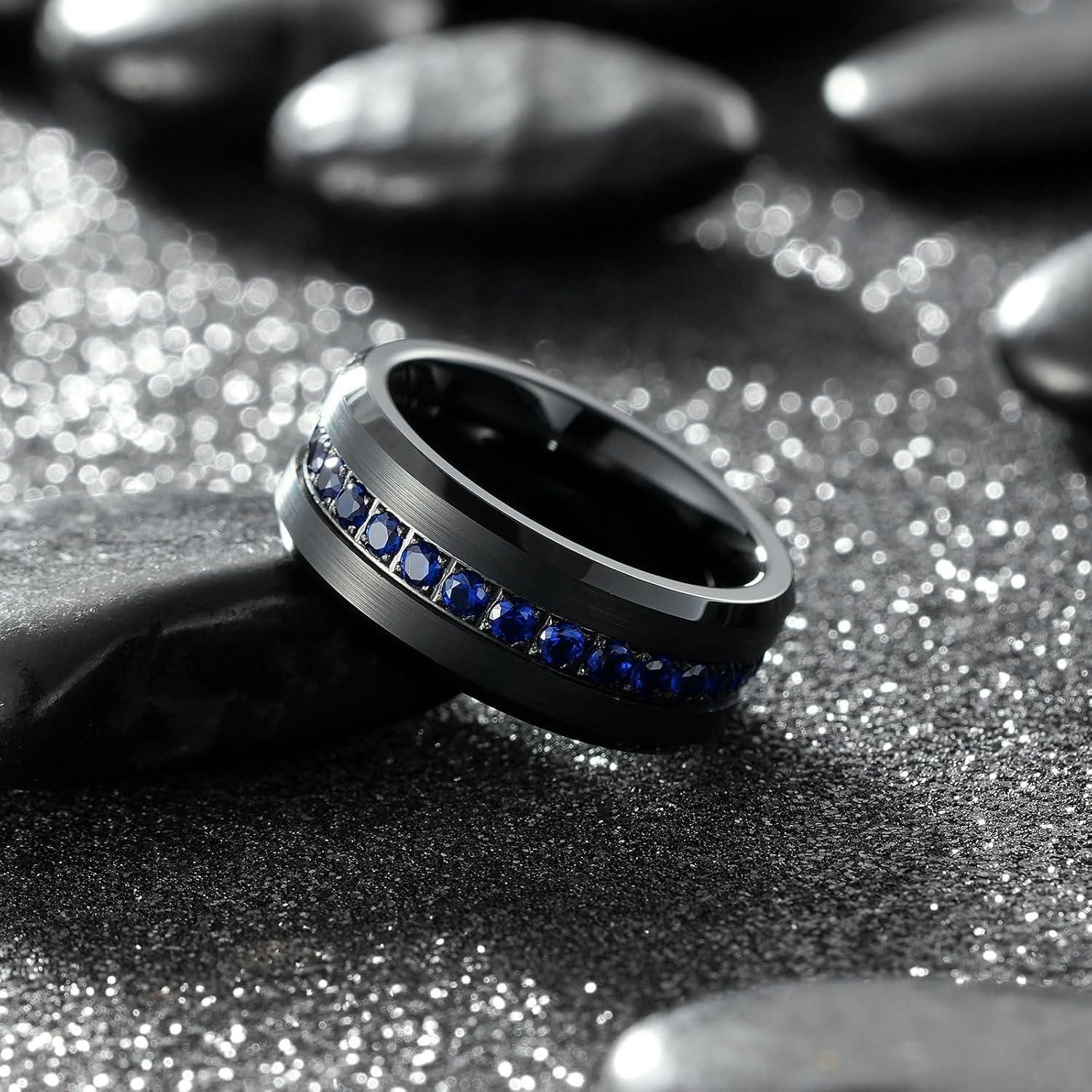 imageKing Will Mens 8mm Men Tungsten Carbied Rings Cubic Zirconia Wedding Bands Eternity Ring CZ InlayBlackBlue