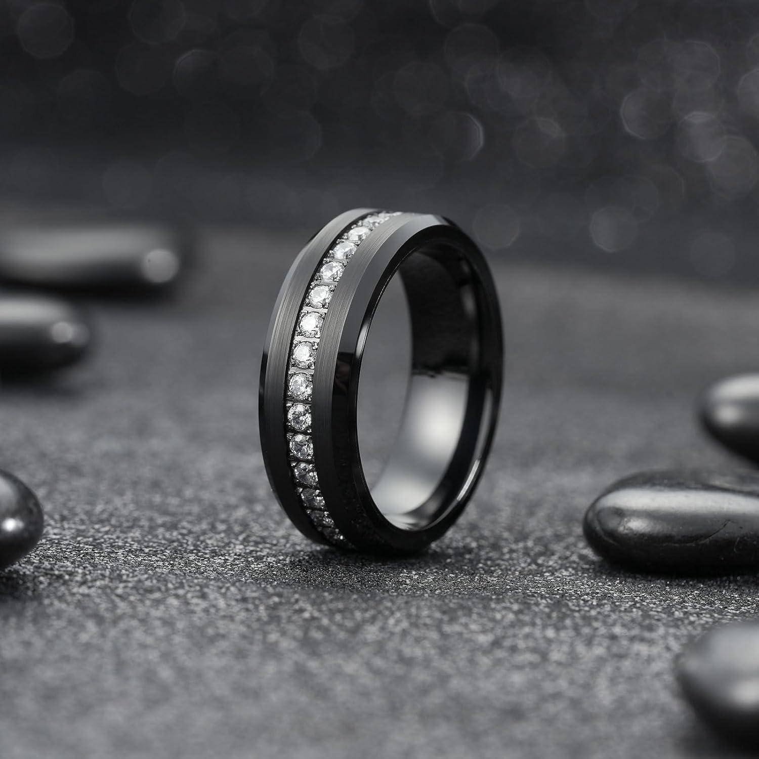 imageKing Will Mens 8mm Men Tungsten Carbied Rings Cubic Zirconia Wedding Bands Eternity Ring CZ InlayBlackWhite