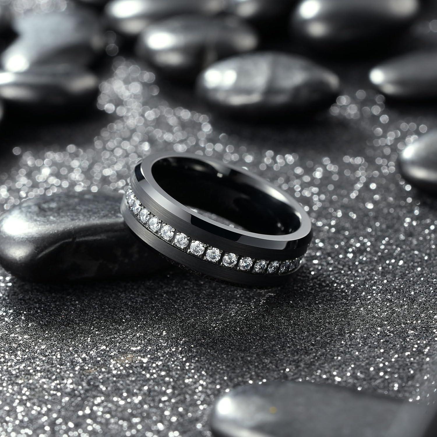 imageKing Will Mens 8mm Men Tungsten Carbied Rings Cubic Zirconia Wedding Bands Eternity Ring CZ InlayBlackWhite
