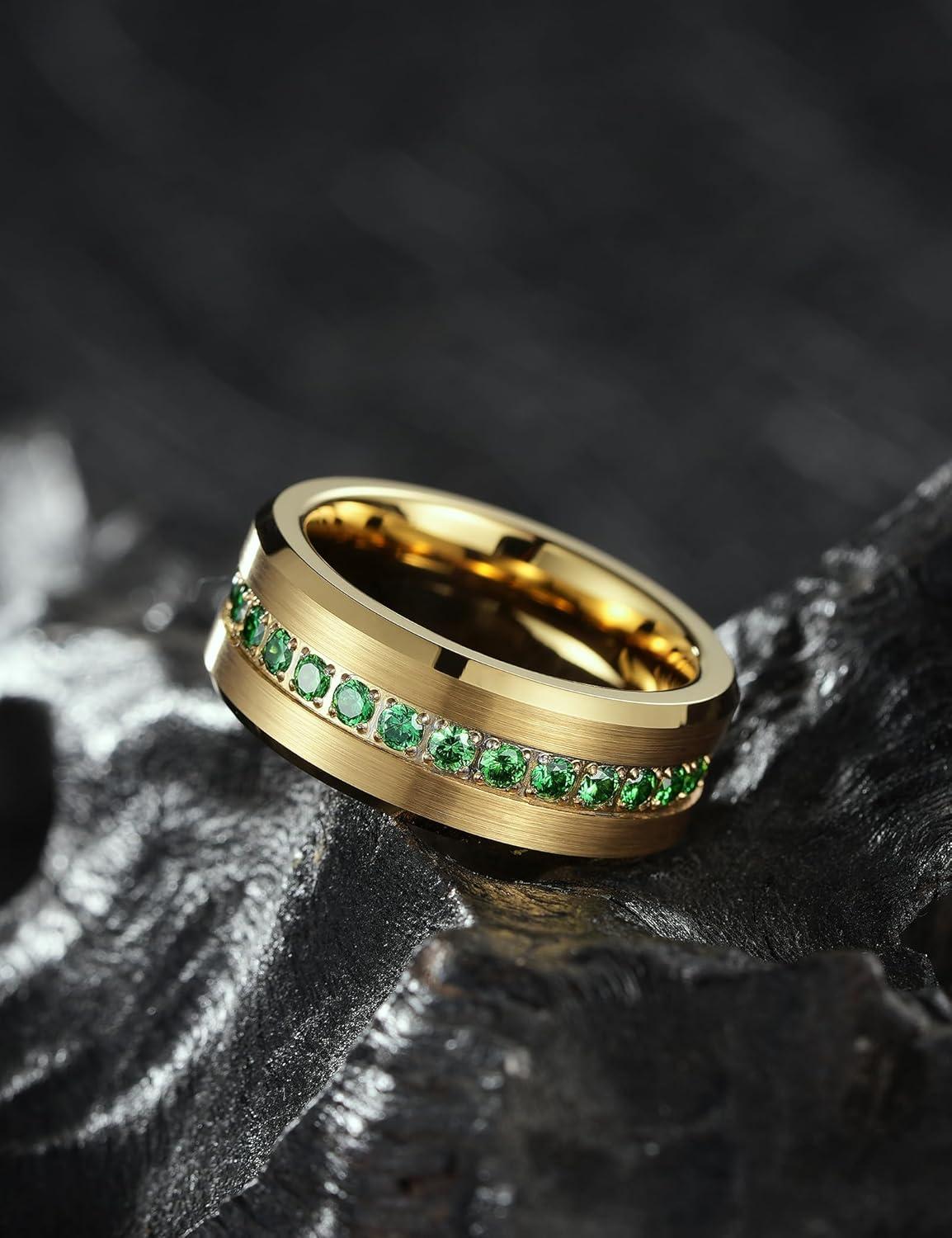 imageKing Will Mens 8mm Men Tungsten Carbied Rings Cubic Zirconia Wedding Bands Eternity Ring CZ InlayGoldGreen