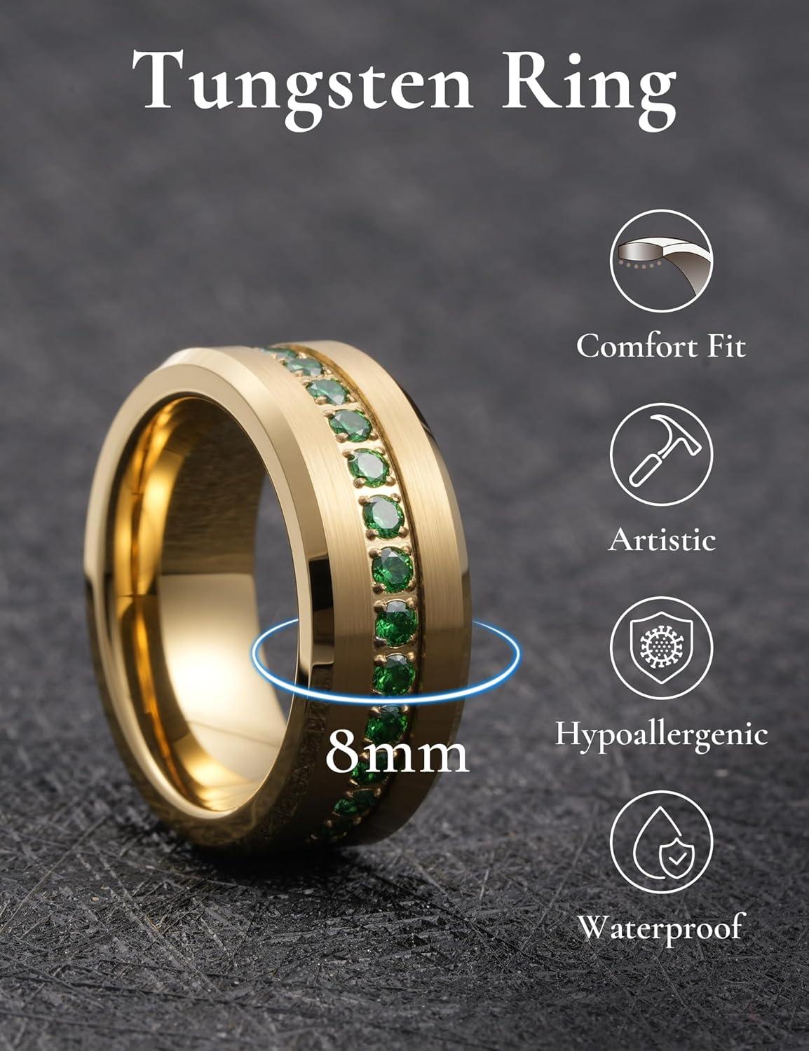 imageKing Will Mens 8mm Men Tungsten Carbied Rings Cubic Zirconia Wedding Bands Eternity Ring CZ InlayGoldGreen