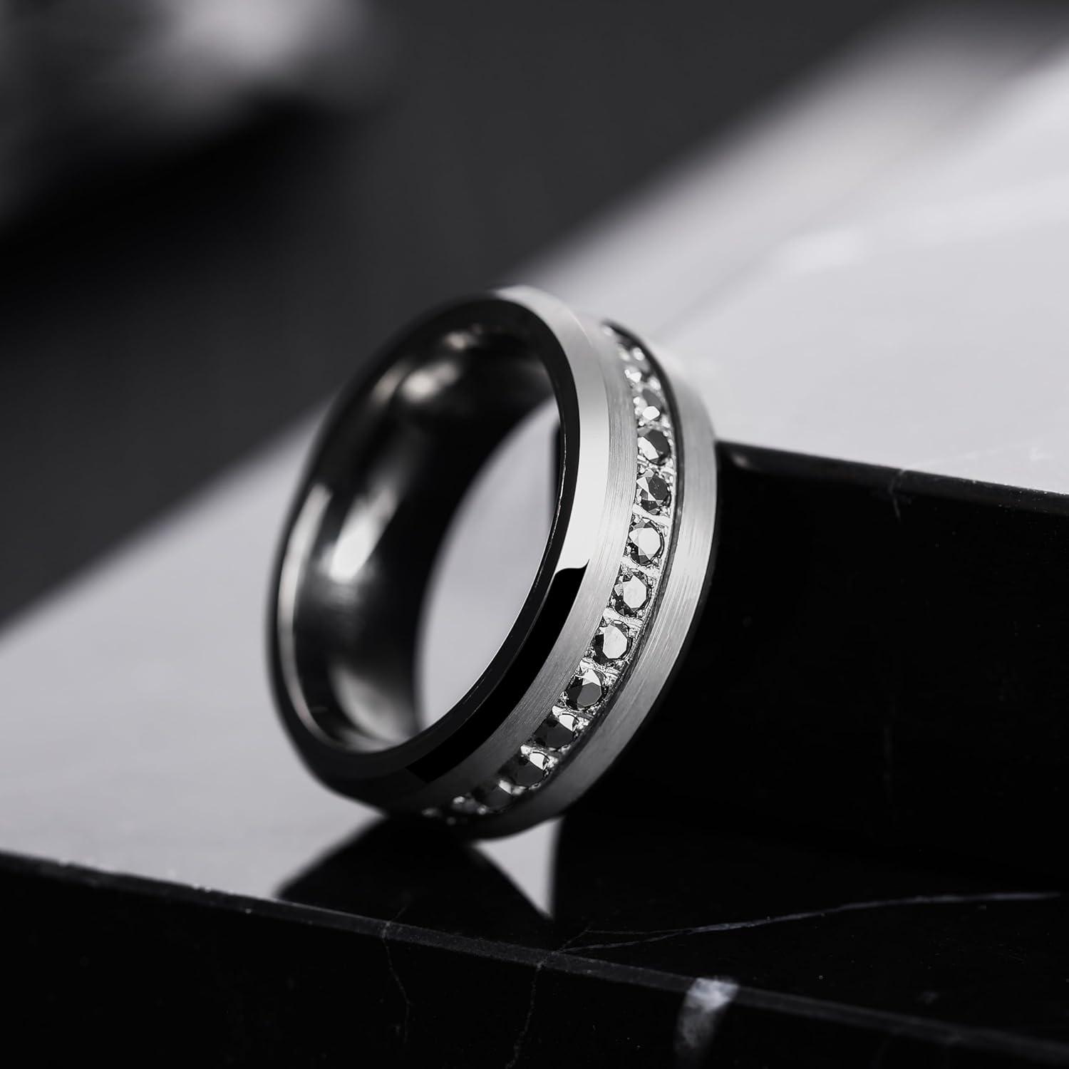 imageKing Will Mens 8mm Men Tungsten Carbied Rings Cubic Zirconia Wedding Bands Eternity Ring CZ InlayGunmetal