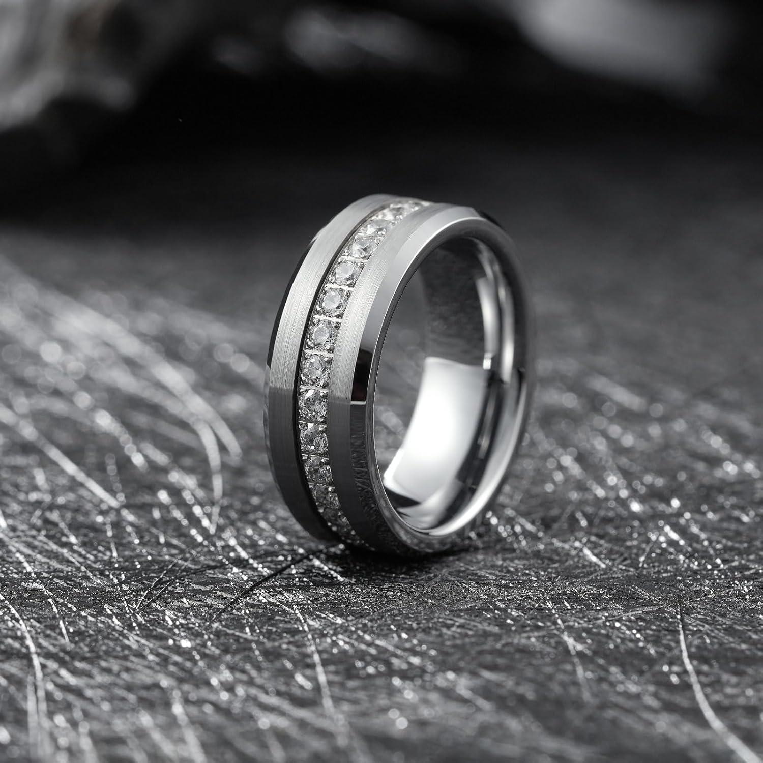 imageKing Will Mens 8mm Men Tungsten Carbied Rings Cubic Zirconia Wedding Bands Eternity Ring CZ InlayGunmetalWhite