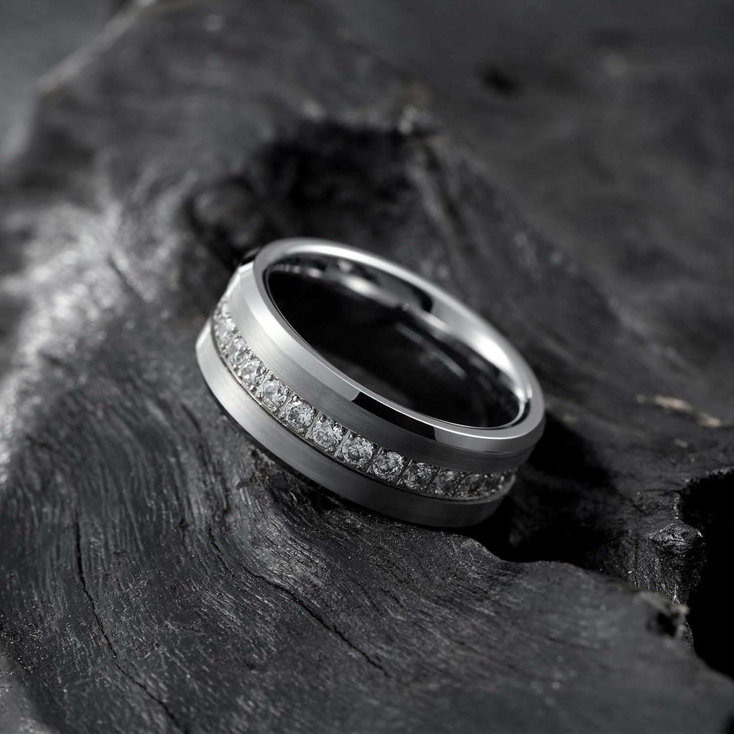 imageKing Will Mens 8mm Men Tungsten Carbied Rings Cubic Zirconia Wedding Bands Eternity Ring CZ InlayGunmetalWhite