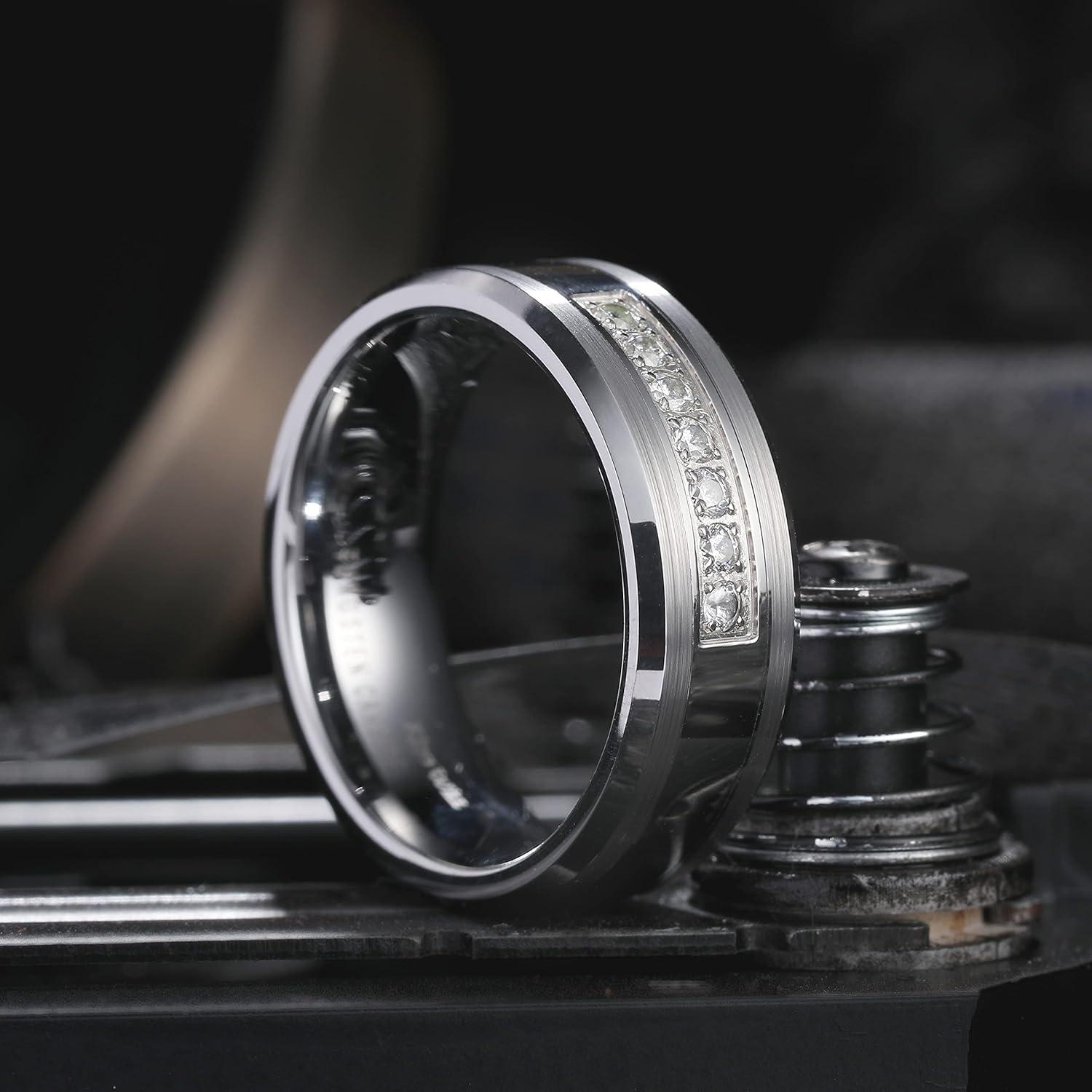 imageKing Will Mens 8mm Men Tungsten Carbied Rings Cubic Zirconia Wedding Bands Eternity Ring CZ InlaySilver
