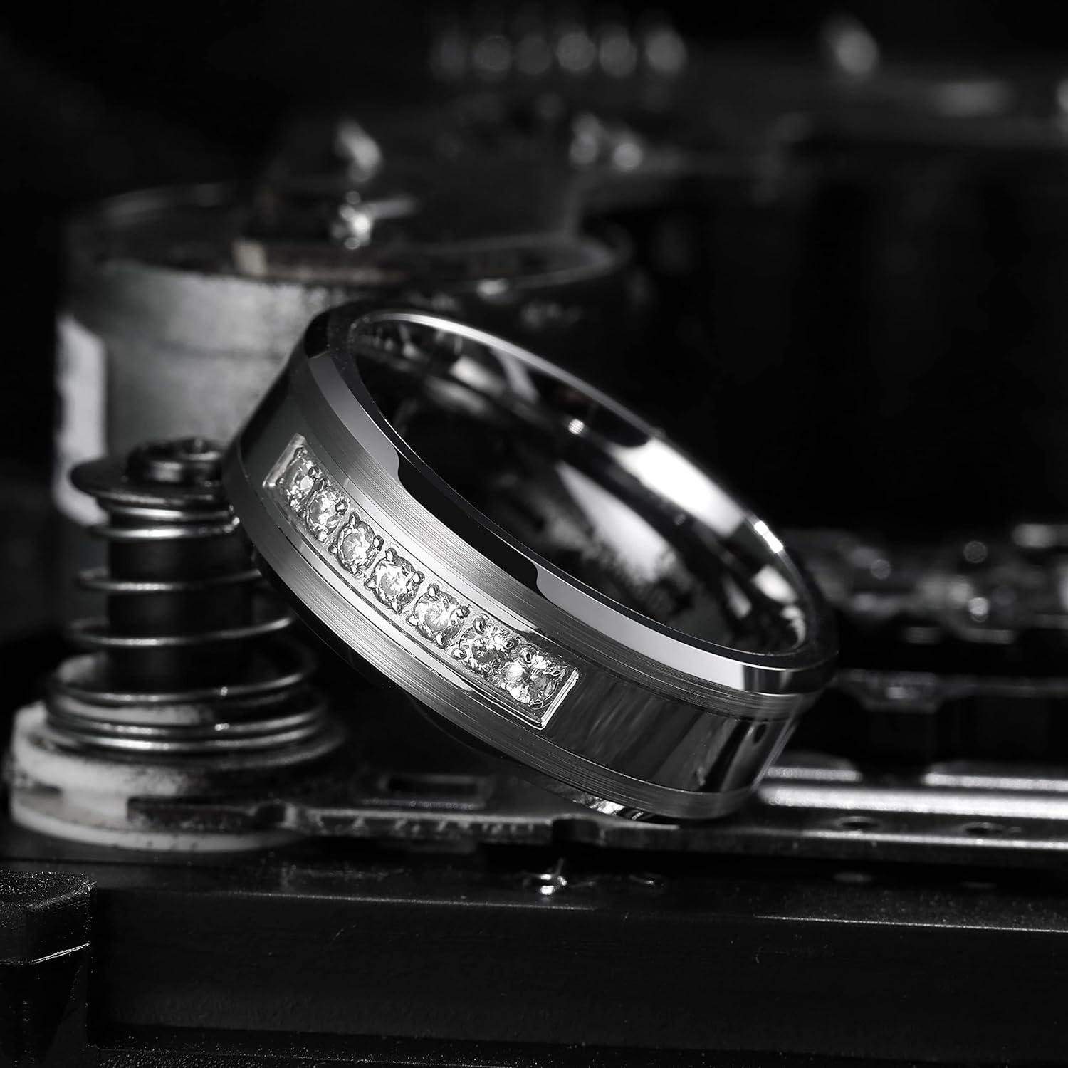 imageKing Will Mens 8mm Men Tungsten Carbied Rings Cubic Zirconia Wedding Bands Eternity Ring CZ InlaySilver