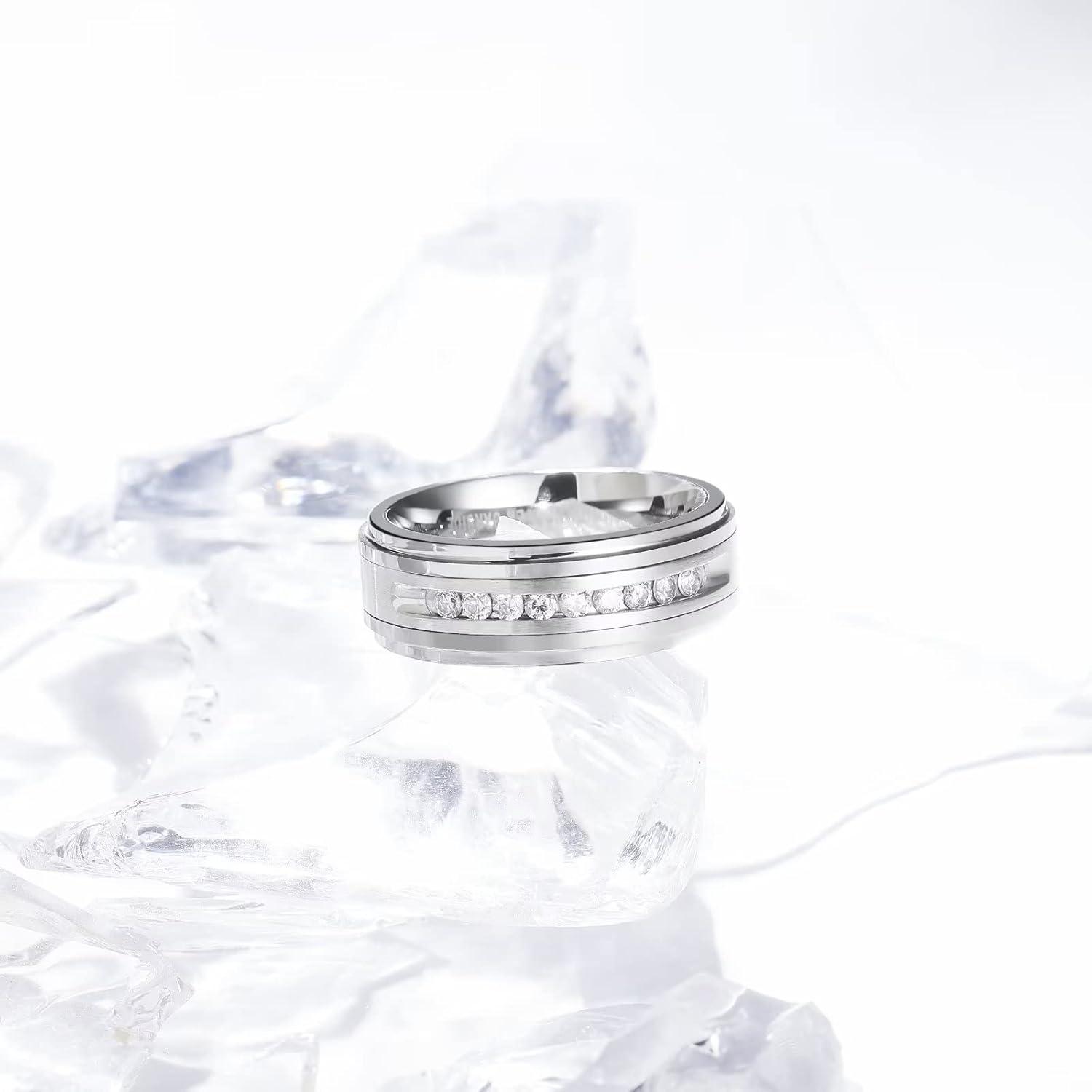 imageKing Will Mens 8mm Men Tungsten Carbied Rings Cubic Zirconia Wedding Bands Eternity Ring CZ InlaySilver Step Edge