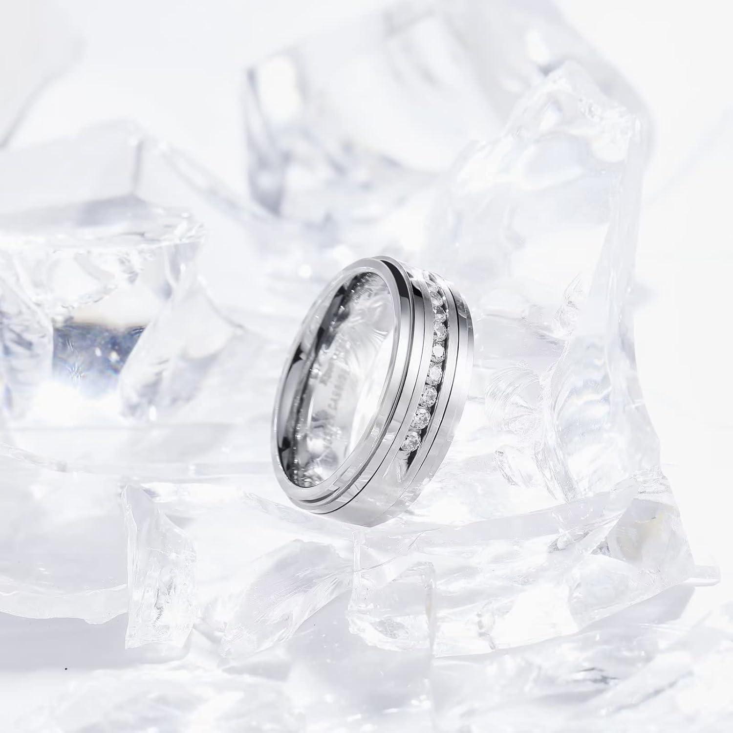 imageKing Will Mens 8mm Men Tungsten Carbied Rings Cubic Zirconia Wedding Bands Eternity Ring CZ InlaySilver Step Edge