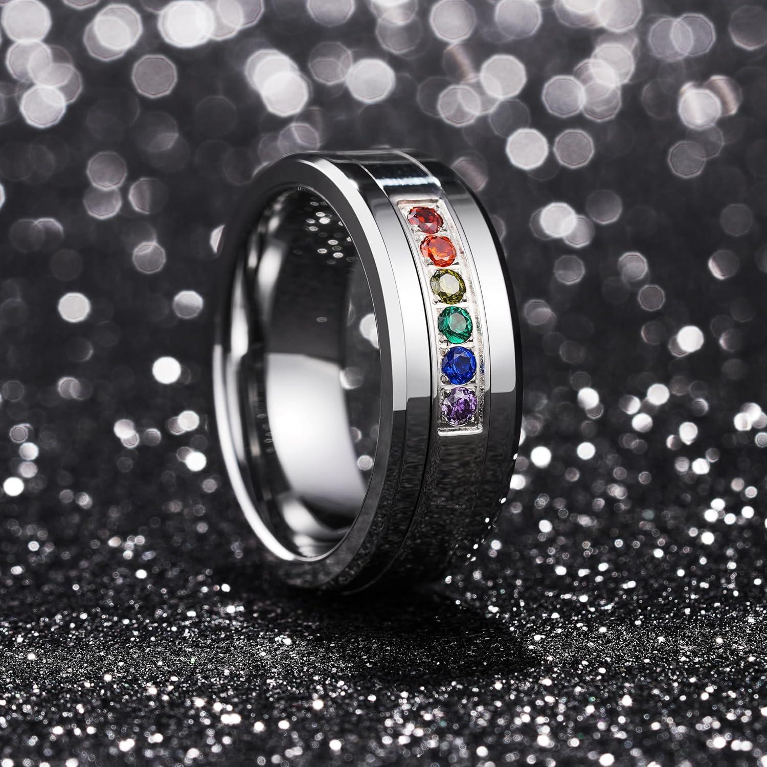 imageKing Will Mens 8mm Men Tungsten Carbied Rings Cubic Zirconia Wedding Bands Eternity Ring CZ InlaySilverColorful CZ