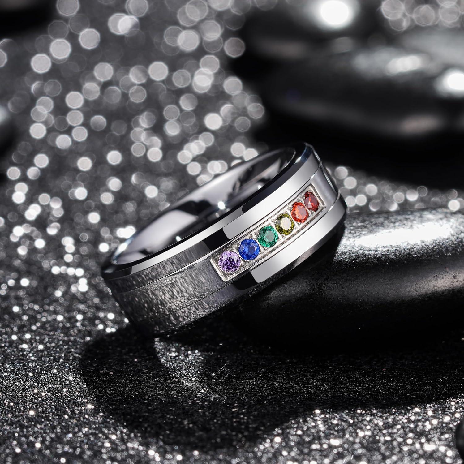 imageKing Will Mens 8mm Men Tungsten Carbied Rings Cubic Zirconia Wedding Bands Eternity Ring CZ InlaySilverColorful CZ