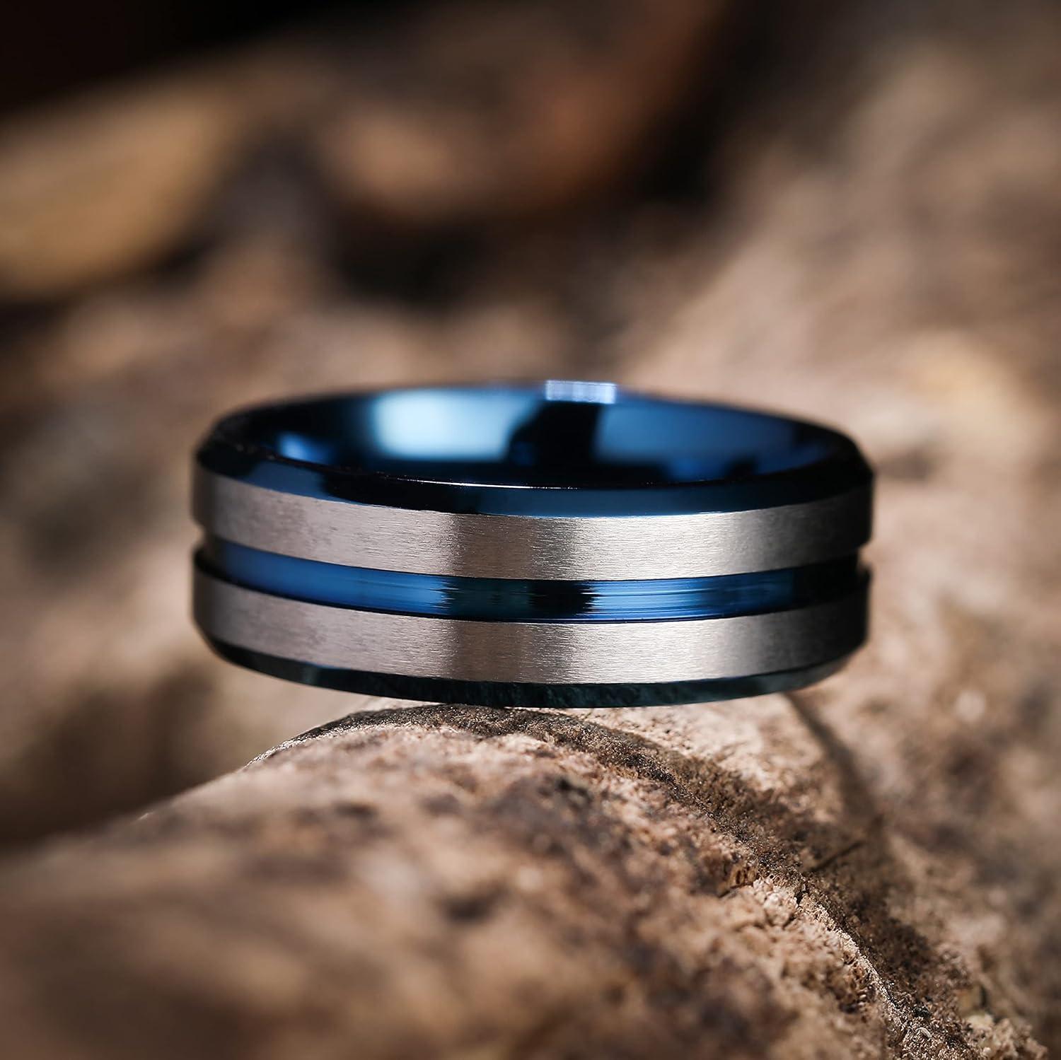 imageKing Will Mens 8mm Rose Gold GrooveGold LoopBlack Cross Groove Tungsten Carbide Wedding Ring Line Flat Pipe Cut Brushed Polished Comfort Fit 714BBlue Sliver