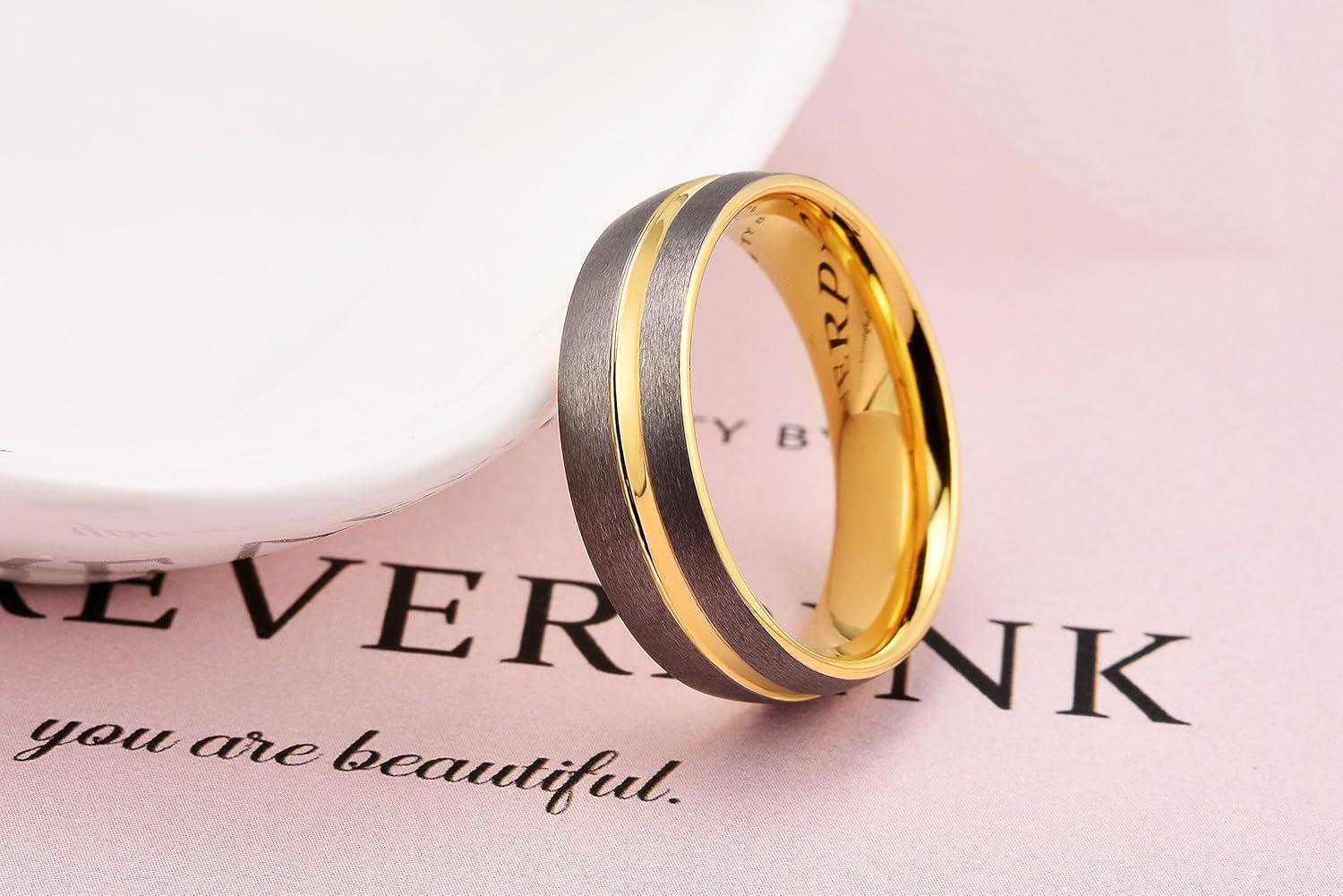 imageKing Will Mens 8mm Rose Gold GrooveGold LoopBlack Cross Groove Tungsten Carbide Wedding Ring Line Flat Pipe Cut Brushed Polished Comfort Fit 714BGold