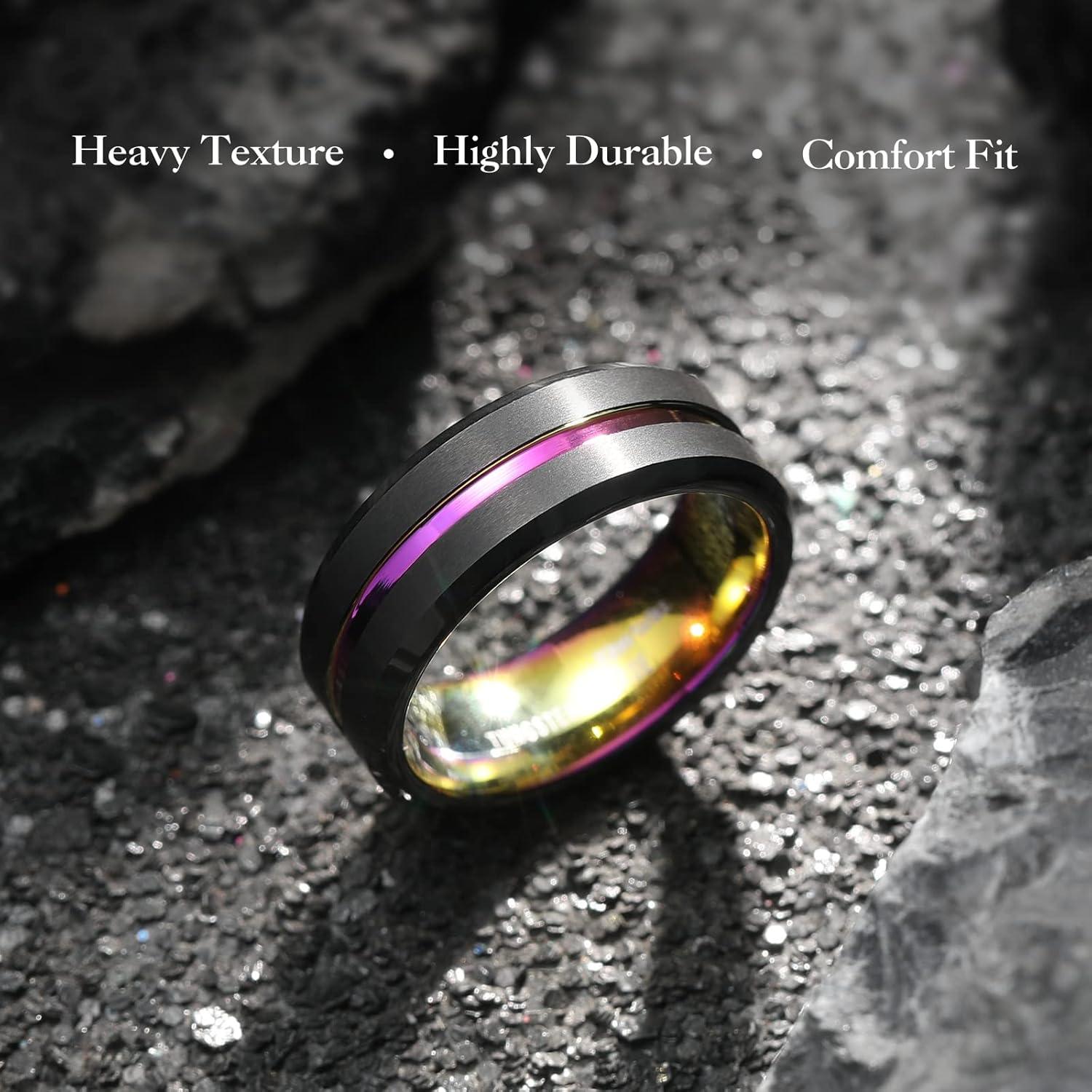 imageKing Will Mens 8mm Rose Gold GrooveGold LoopBlack Cross Groove Tungsten Carbide Wedding Ring Line Flat Pipe Cut Brushed Polished Comfort Fit 714Black Rainbow 8mm