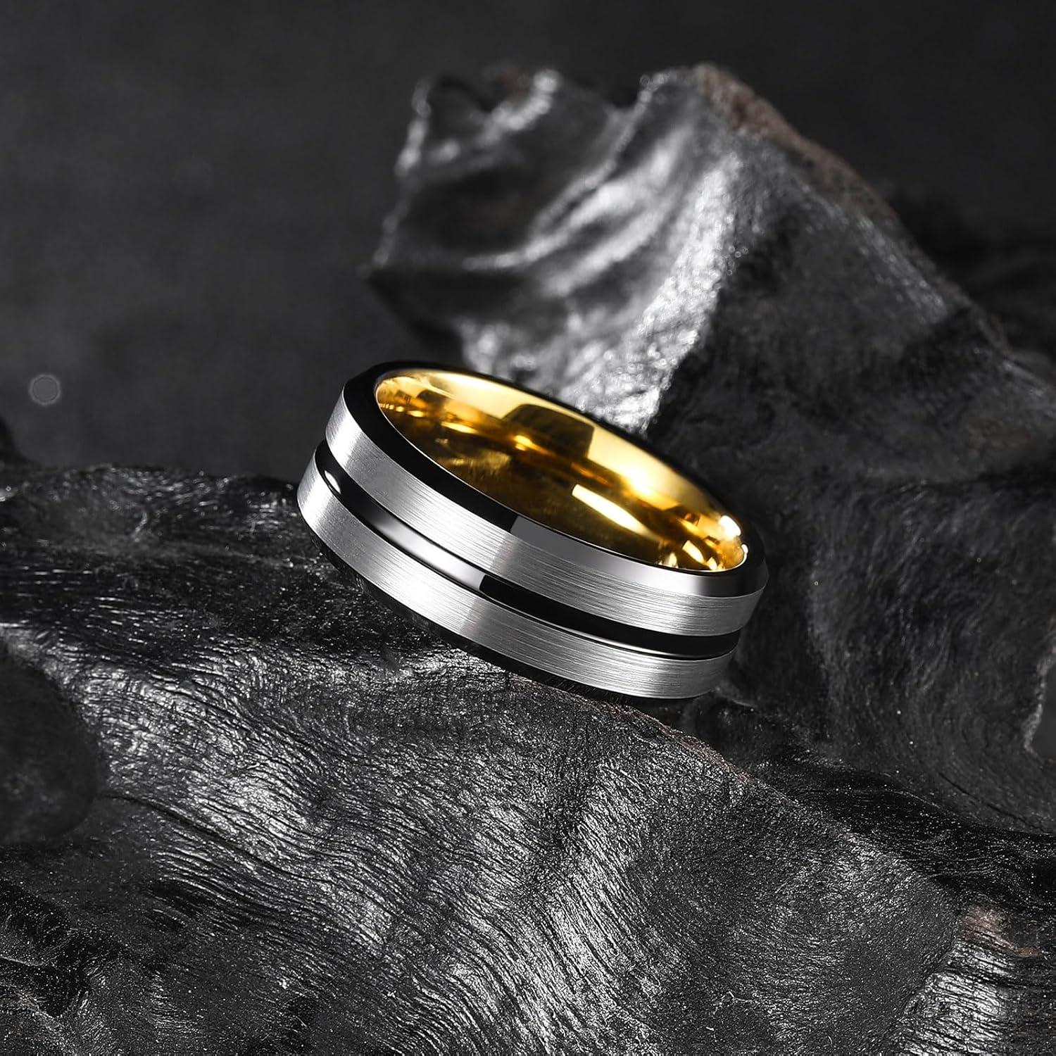 imageKing Will Mens 8mm Rose Gold GrooveGold LoopBlack Cross Groove Tungsten Carbide Wedding Ring Line Flat Pipe Cut Brushed Polished Comfort Fit 714GunmetalGold Plated