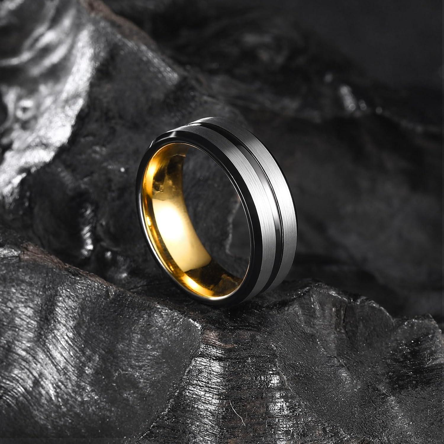 imageKing Will Mens 8mm Rose Gold GrooveGold LoopBlack Cross Groove Tungsten Carbide Wedding Ring Line Flat Pipe Cut Brushed Polished Comfort Fit 714GunmetalGold Plated