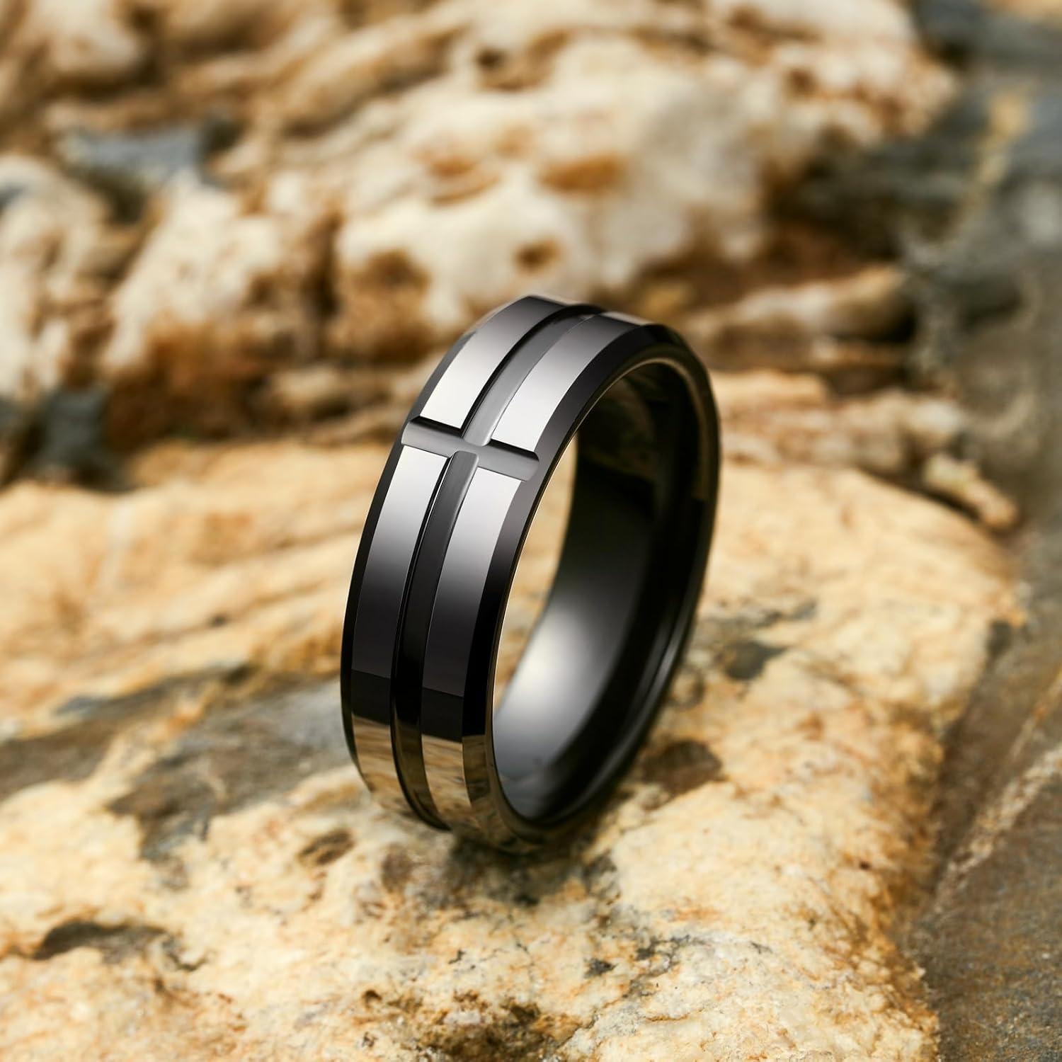 imageKing Will Mens 8mm Rose Gold GrooveGold LoopBlack Cross Groove Tungsten Carbide Wedding Ring Line Flat Pipe Cut Brushed Polished Comfort Fit 714GunmetalBlackCross Groove 7mm