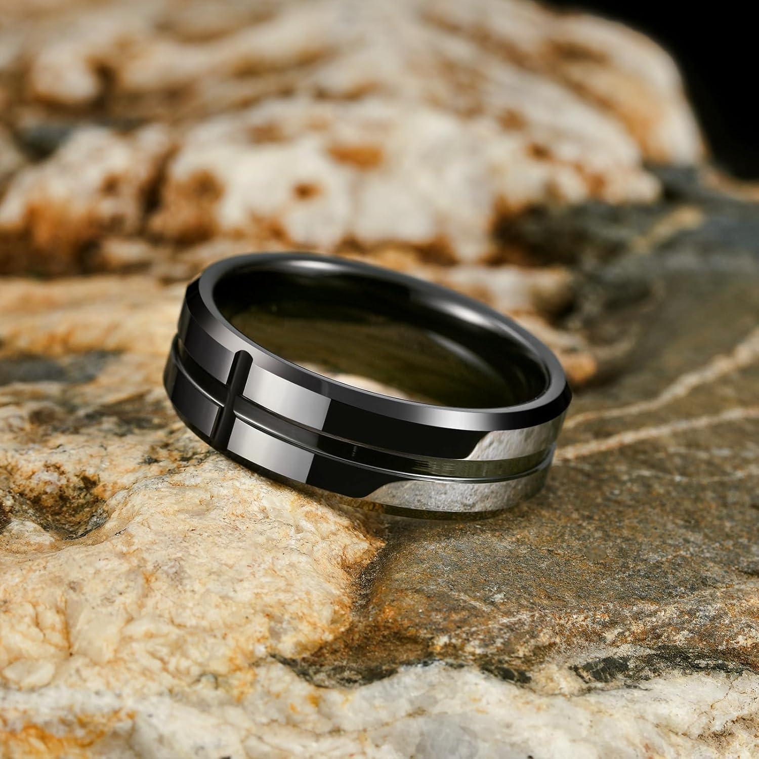 imageKing Will Mens 8mm Rose Gold GrooveGold LoopBlack Cross Groove Tungsten Carbide Wedding Ring Line Flat Pipe Cut Brushed Polished Comfort Fit 714GunmetalBlackCross Groove 7mm