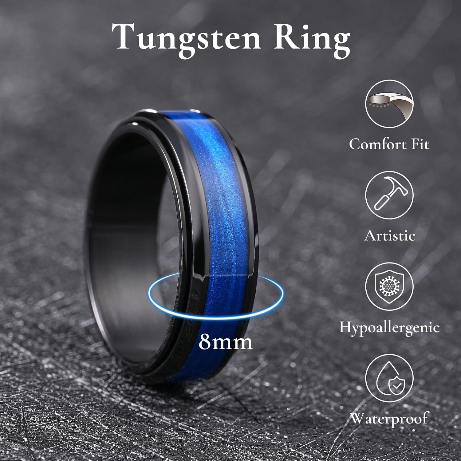imageKing Will Mens 8mm Stainless Steel Rings Anxiety Fidget Spinner Ring Black Plated Blue Green Galaxy Sand Inlay Beveled Edge Spinning Wedding Bands Comfort Fit Size 712Blue