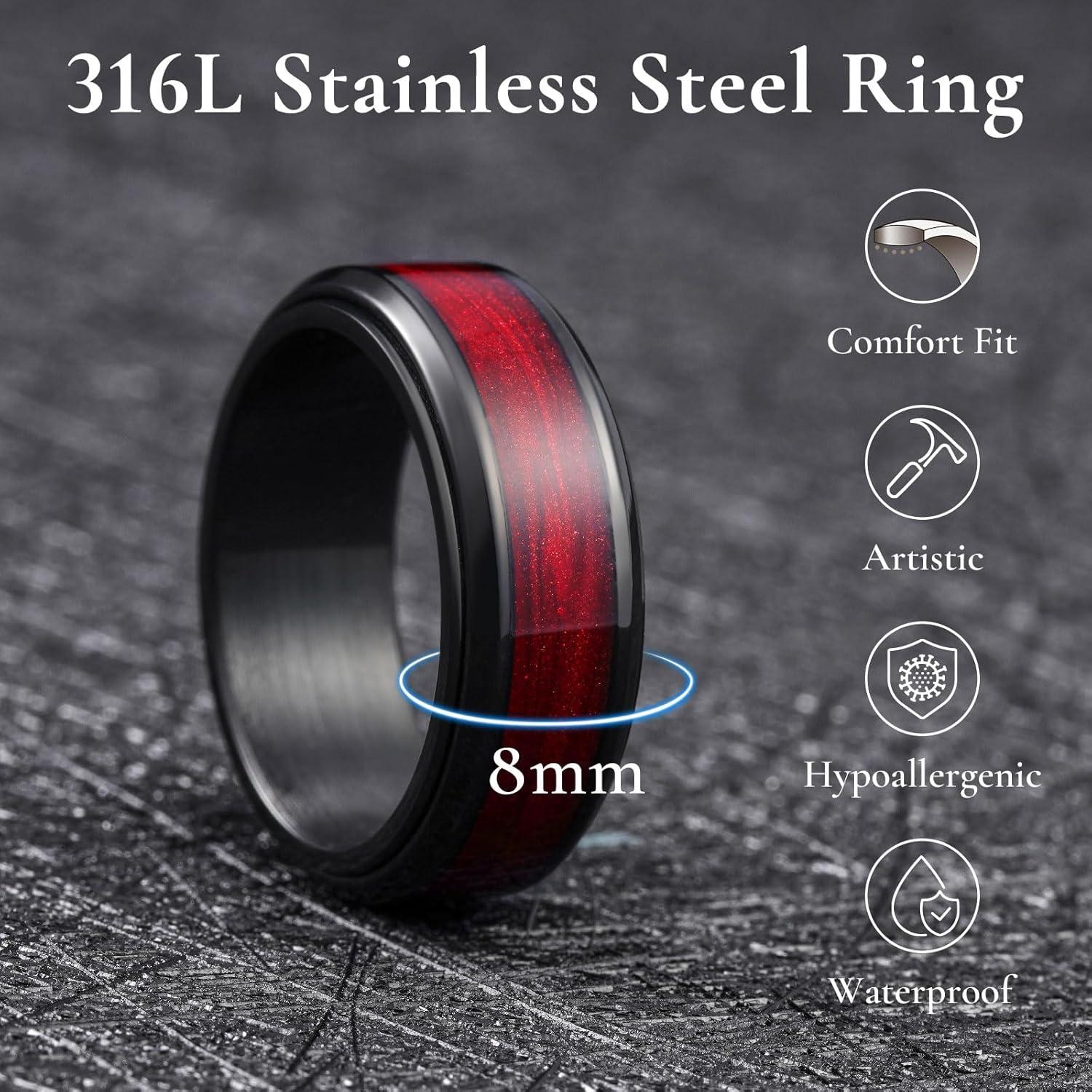 imageKing Will Mens 8mm Stainless Steel Rings Anxiety Fidget Spinner Ring Black Plated Blue Green Galaxy Sand Inlay Beveled Edge Spinning Wedding Bands Comfort Fit Size 712Red