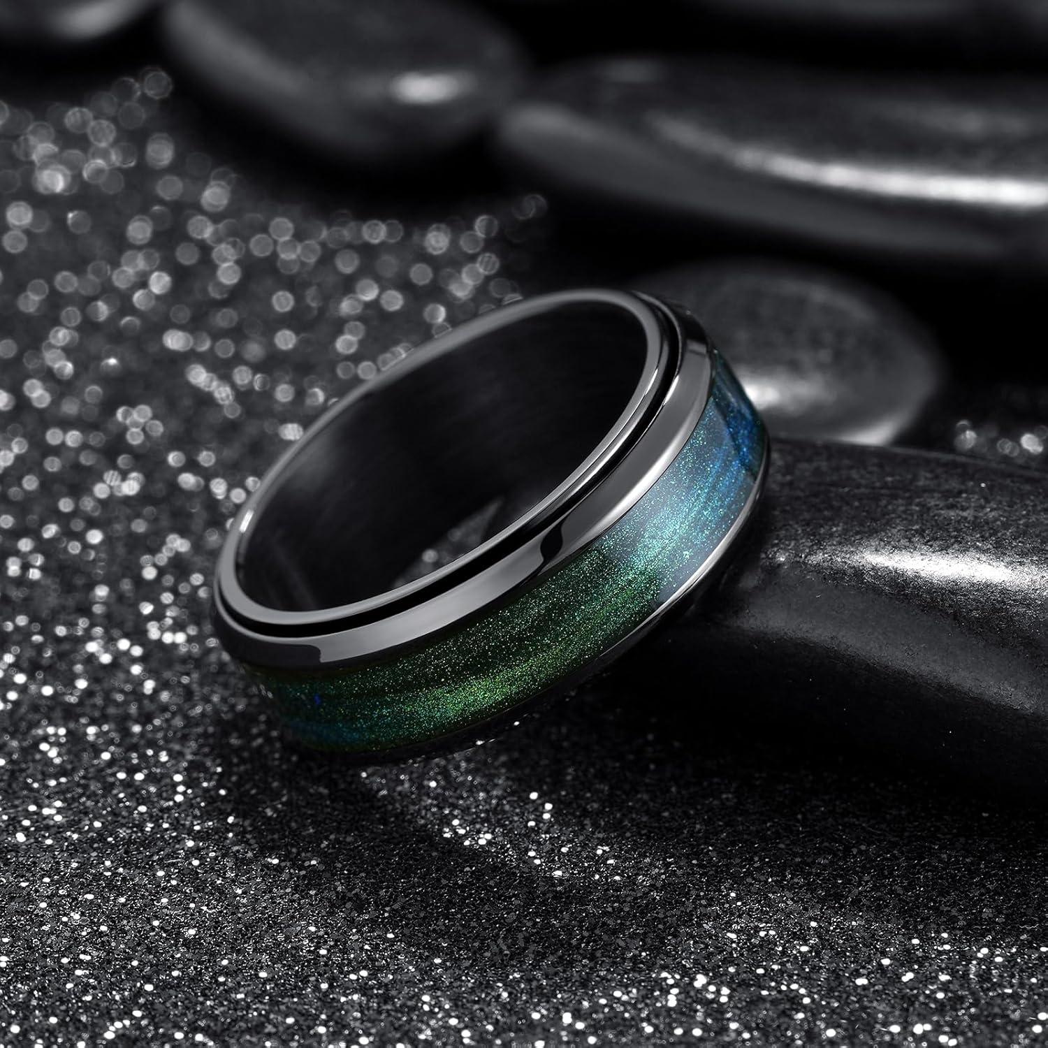 imageKing Will Mens 8mm Stainless Steel Rings Anxiety Fidget Spinner Ring Black Plated Blue Green Galaxy Sand Inlay Beveled Edge Spinning Wedding Bands Comfort Fit Size 712Blue Green