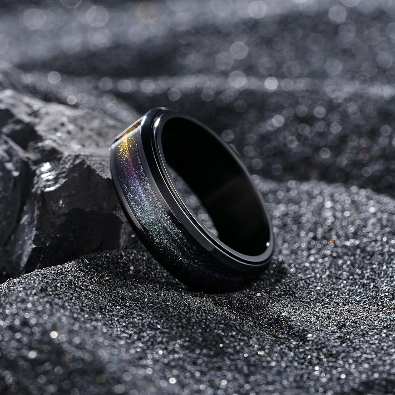 imageKing Will Mens 8mm Stainless Steel Rings Anxiety Fidget Spinner Ring Black Plated Blue Green Galaxy Sand Inlay Beveled Edge Spinning Wedding Bands Comfort Fit Size 712Purple Green