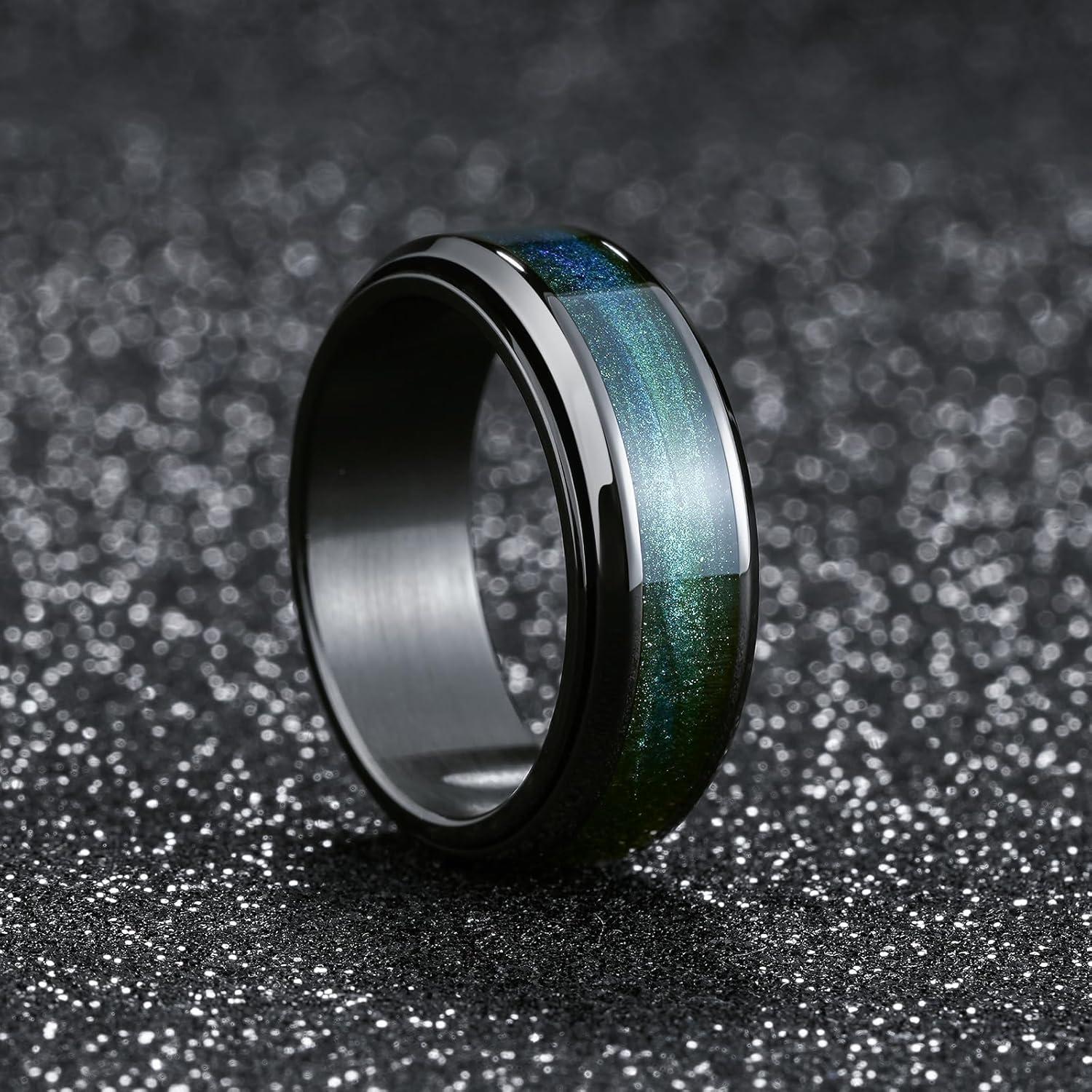 imageKing Will Mens 8mm Stainless Steel Rings Anxiety Fidget Spinner Ring Black Plated Blue Green Galaxy Sand Inlay Beveled Edge Spinning Wedding Bands Comfort Fit Size 712Blue Green