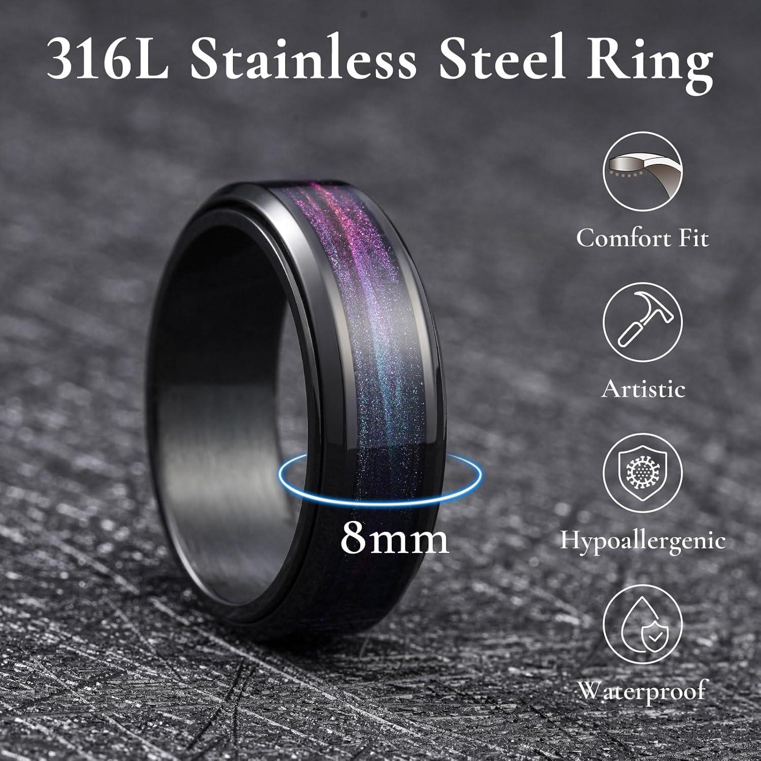 imageKing Will Mens 8mm Stainless Steel Rings Anxiety Fidget Spinner Ring Black Plated Blue Green Galaxy Sand Inlay Beveled Edge Spinning Wedding Bands Comfort Fit Size 712Purple Green