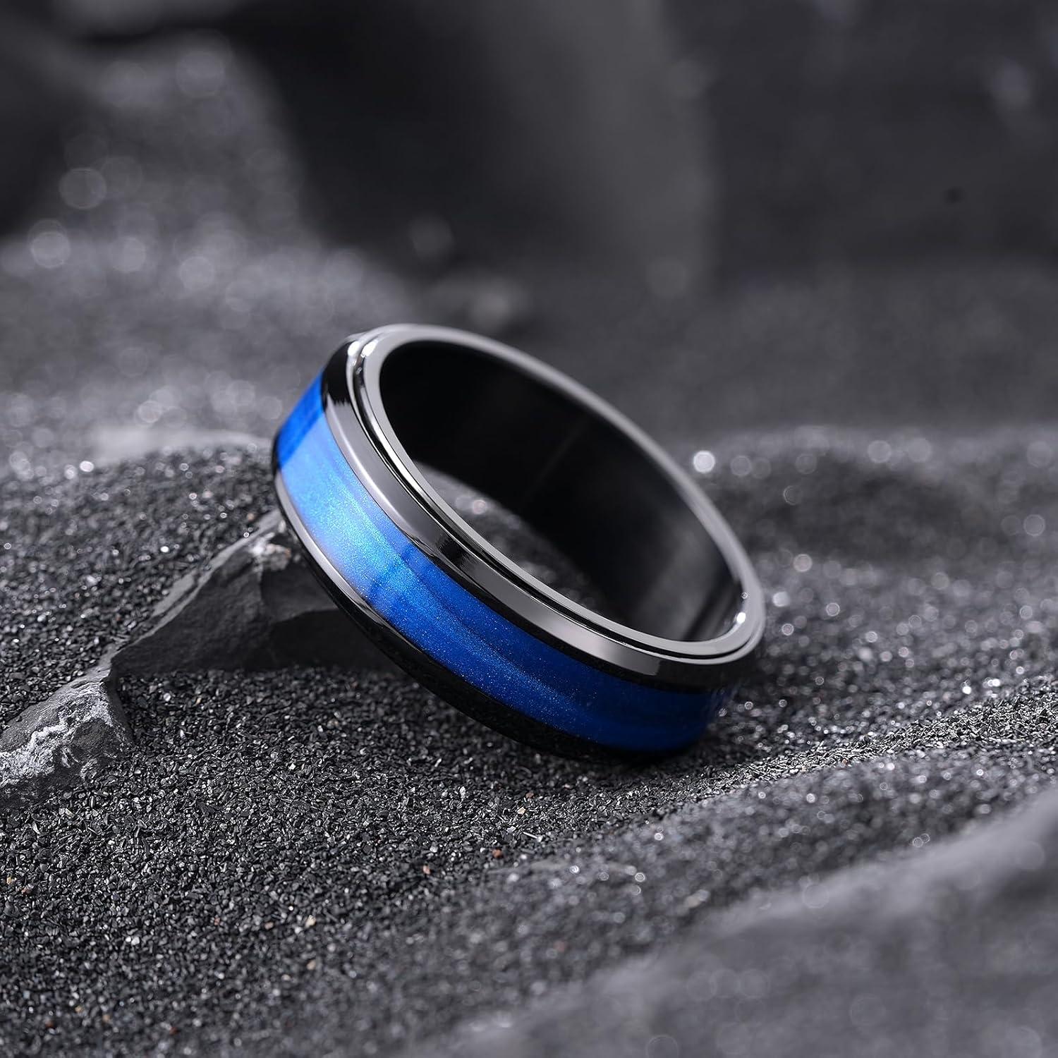 imageKing Will Mens 8mm Stainless Steel Rings Anxiety Fidget Spinner Ring Black Plated Blue Green Galaxy Sand Inlay Beveled Edge Spinning Wedding Bands Comfort Fit Size 712Blue