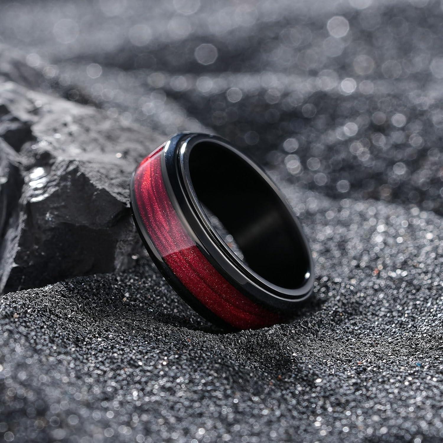 imageKing Will Mens 8mm Stainless Steel Rings Anxiety Fidget Spinner Ring Black Plated Blue Green Galaxy Sand Inlay Beveled Edge Spinning Wedding Bands Comfort Fit Size 712Red