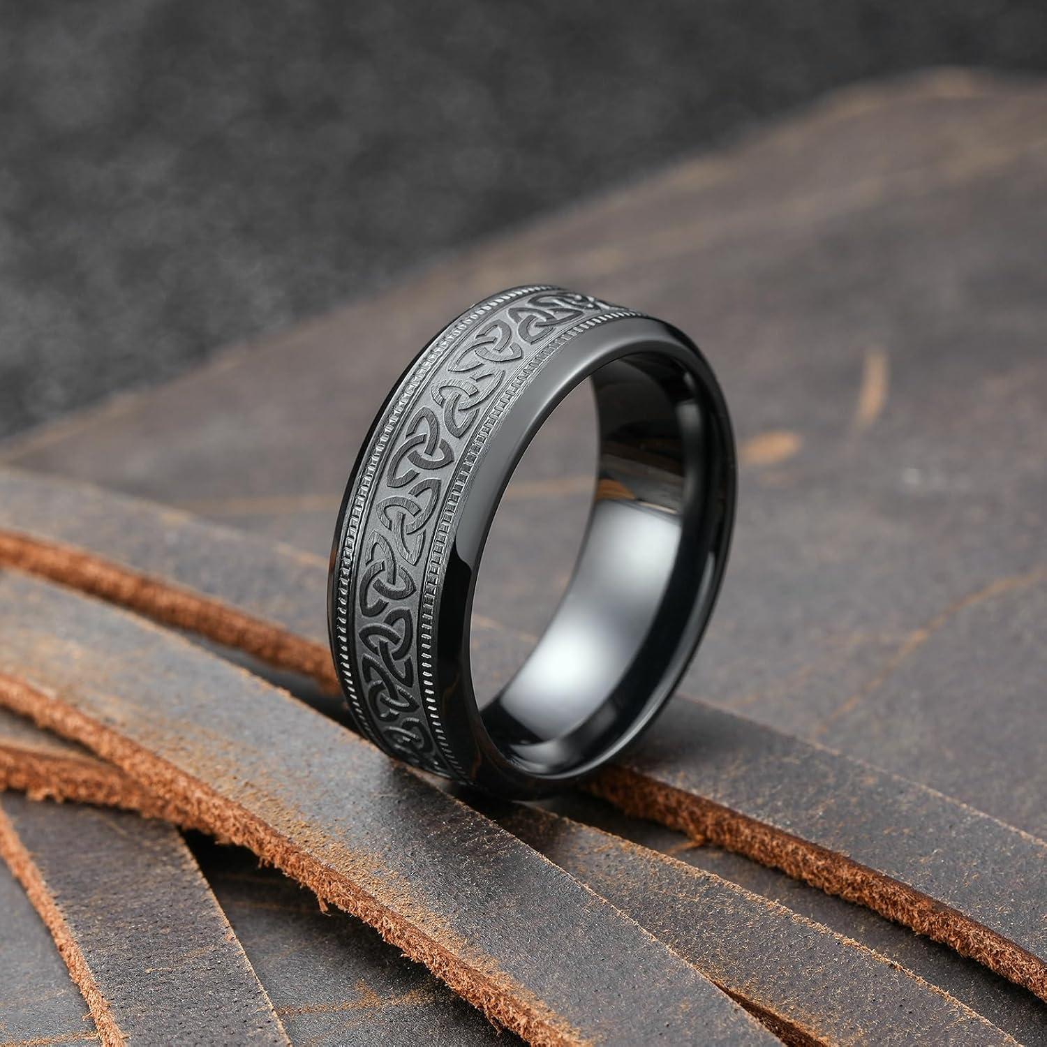 imageKing Will Mens Black Titanium Celtic Knot Wedding Bands 8mm Thumb Rings For Men Beveled Edge Comfort Fit Size 712Black
