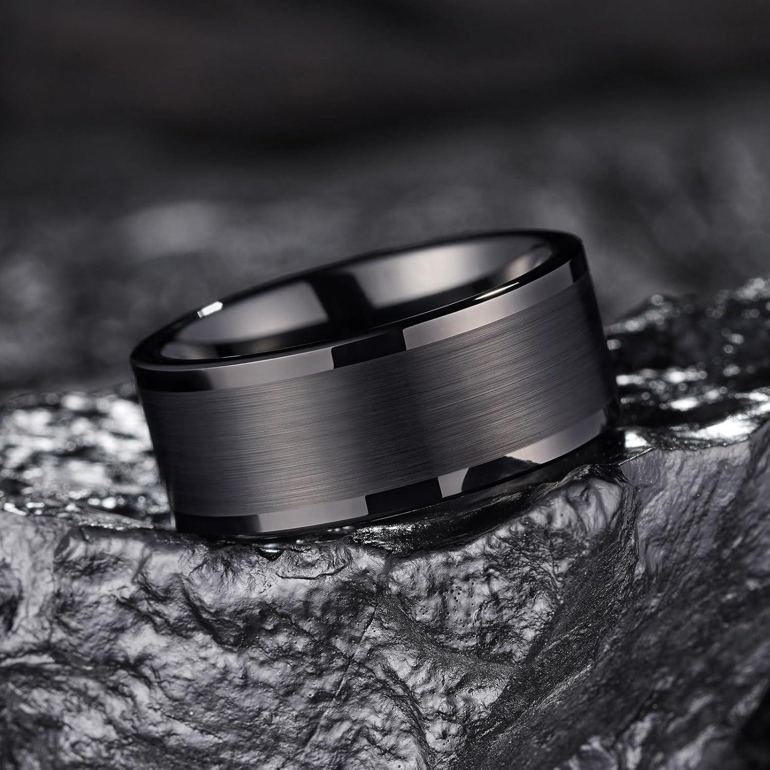 imageKing Will Mens Brushed Wedding Band Two Tone Matte Step EdgesPipe Cut Tungsten Carbide Anniversary Promise Rings Comfort FitBlack Pipe Cut10mm