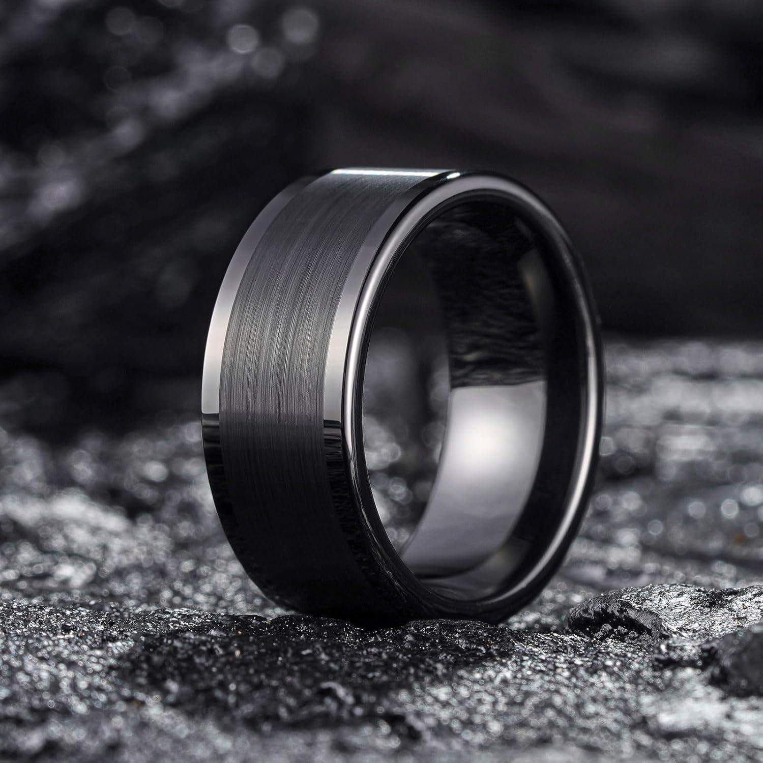 imageKing Will Mens Brushed Wedding Band Two Tone Matte Step EdgesPipe Cut Tungsten Carbide Anniversary Promise Rings Comfort FitBlack Pipe Cut10mm