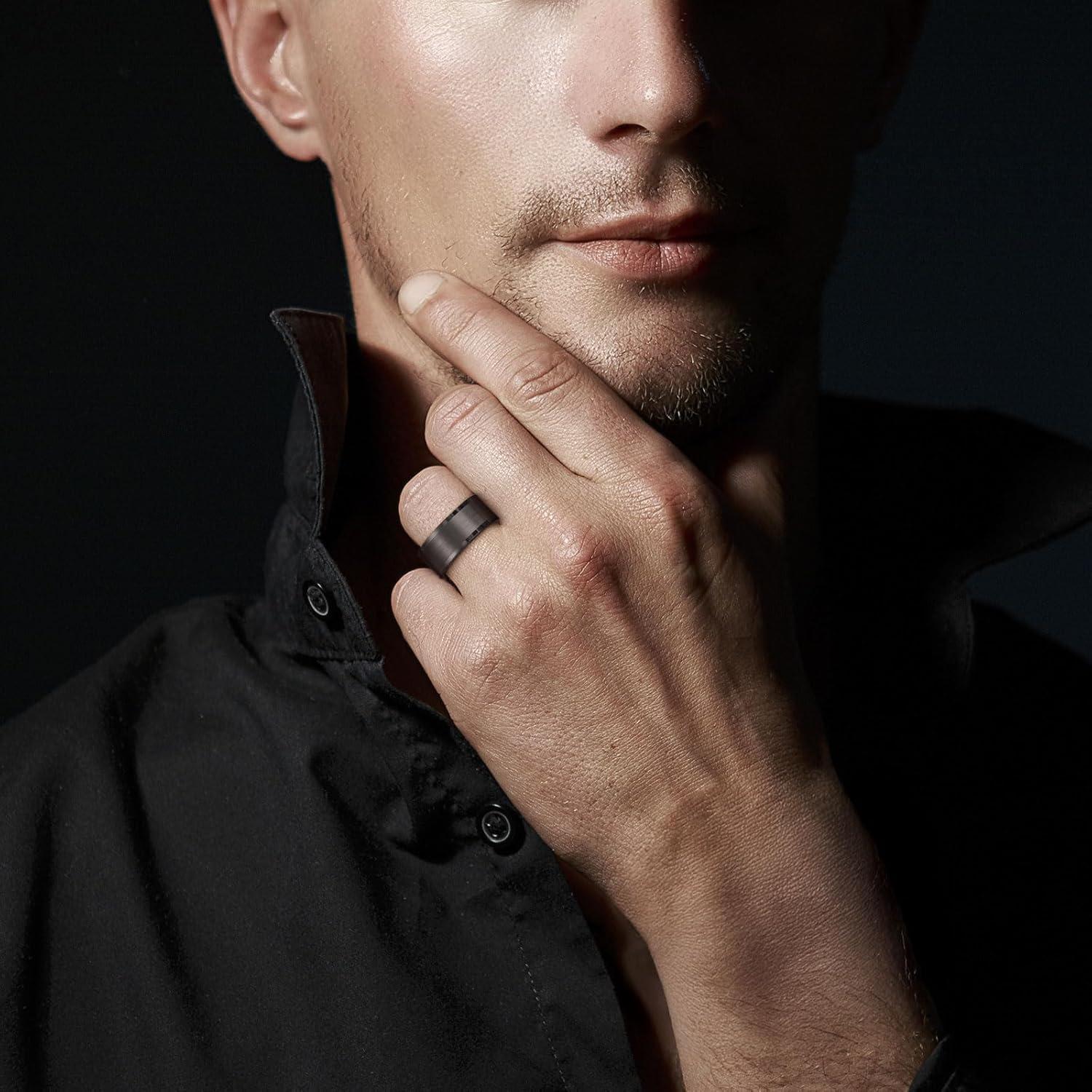 imageKing Will Mens Brushed Wedding Band Two Tone Matte Step EdgesPipe Cut Tungsten Carbide Anniversary Promise Rings Comfort FitBlack Pipe Cut10mm