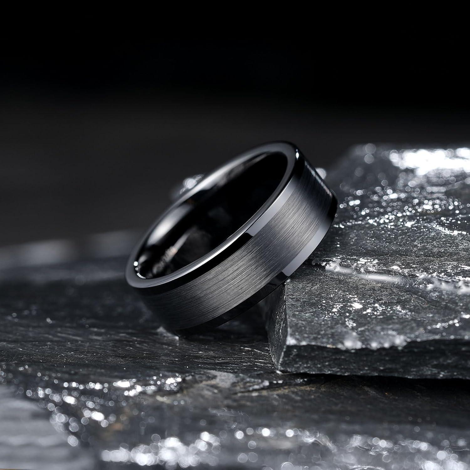 imageKing Will Mens Brushed Wedding Band Two Tone Matte Step EdgesPipe Cut Tungsten Carbide Anniversary Promise Rings Comfort FitBlack Pipe Cut8mm
