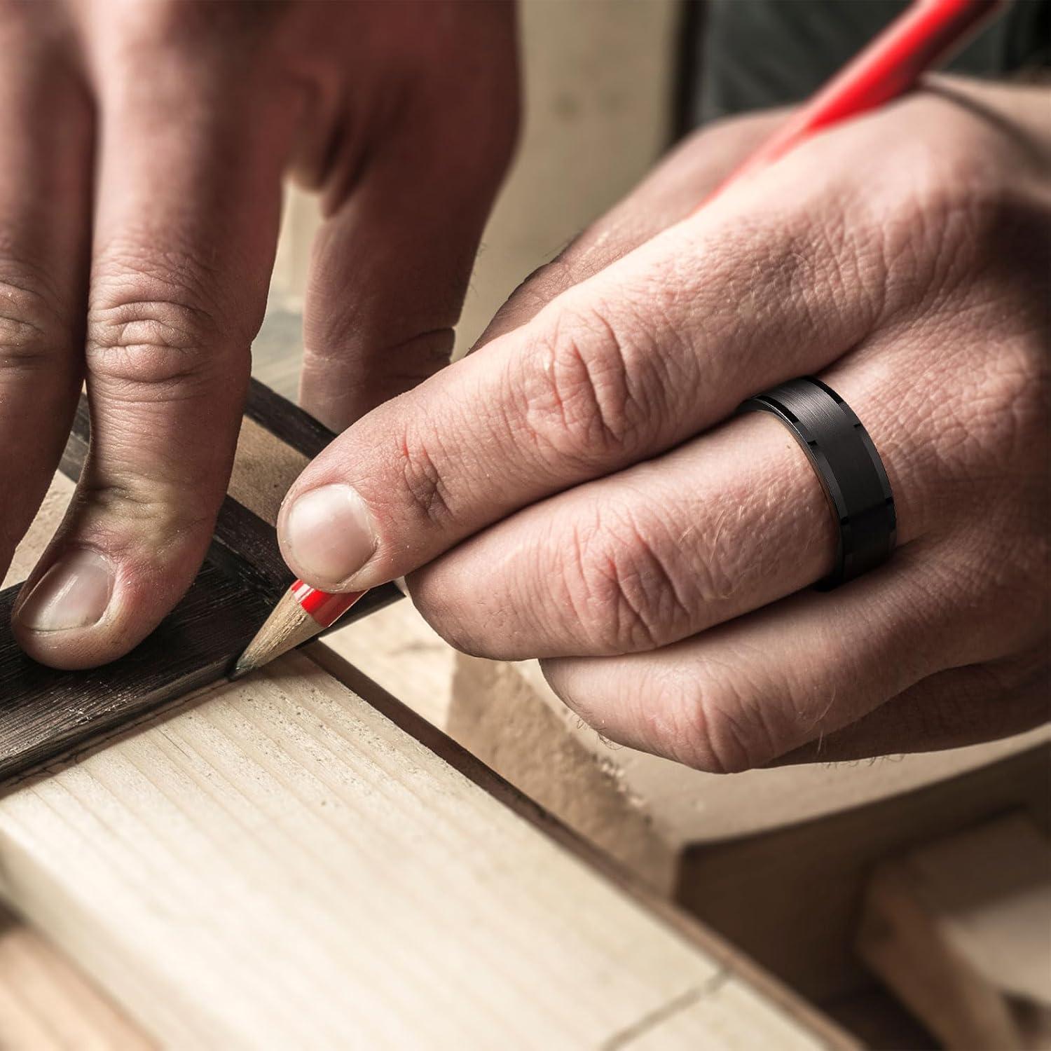 imageKing Will Mens Brushed Wedding Band Two Tone Matte Step EdgesPipe Cut Tungsten Carbide Anniversary Promise Rings Comfort FitBlack Pipe Cut8mm