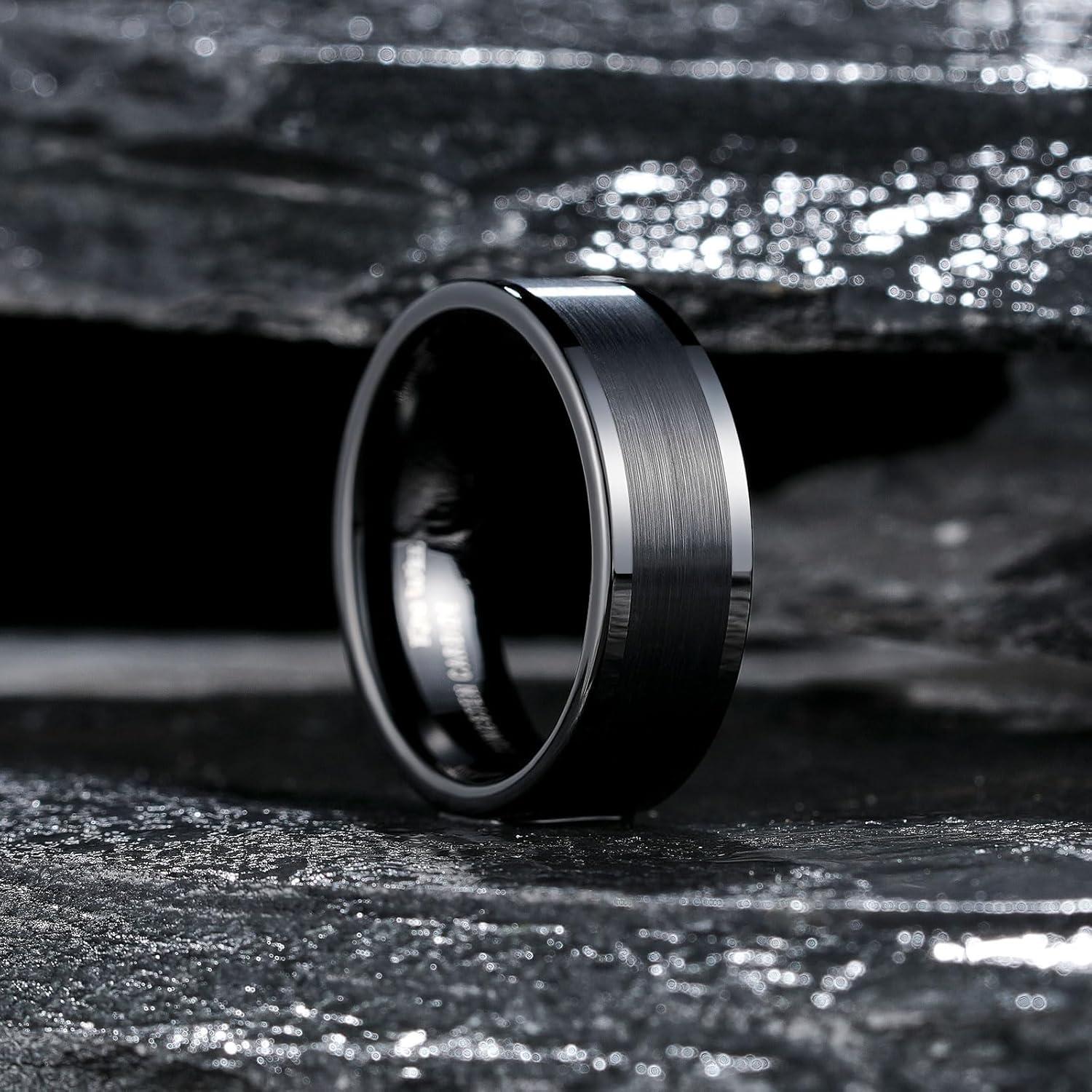 imageKing Will Mens Brushed Wedding Band Two Tone Matte Step EdgesPipe Cut Tungsten Carbide Anniversary Promise Rings Comfort FitBlack Pipe Cut8mm